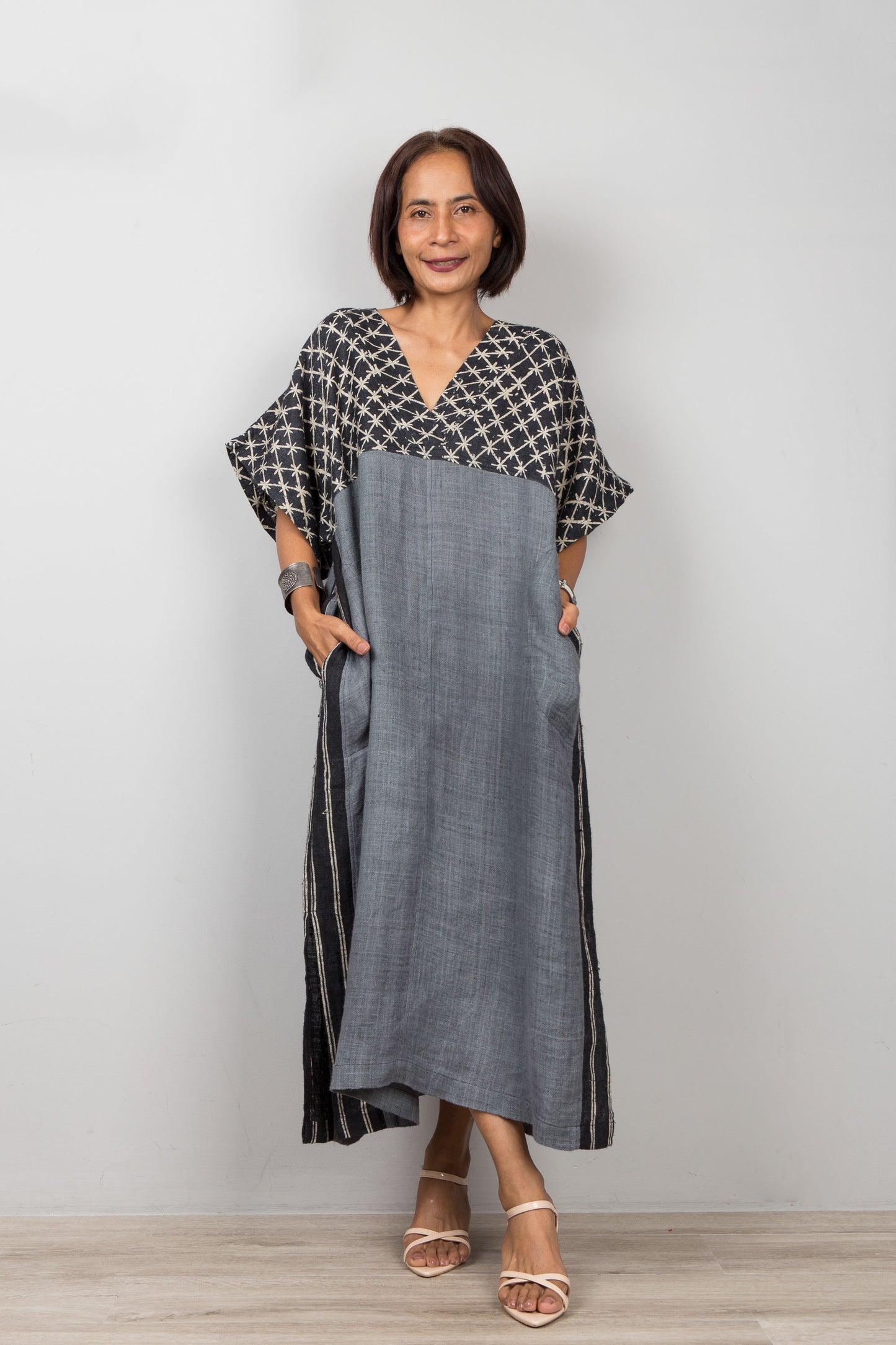 Black and grey hemp caftan dress made from sustainable handwoven fabric
