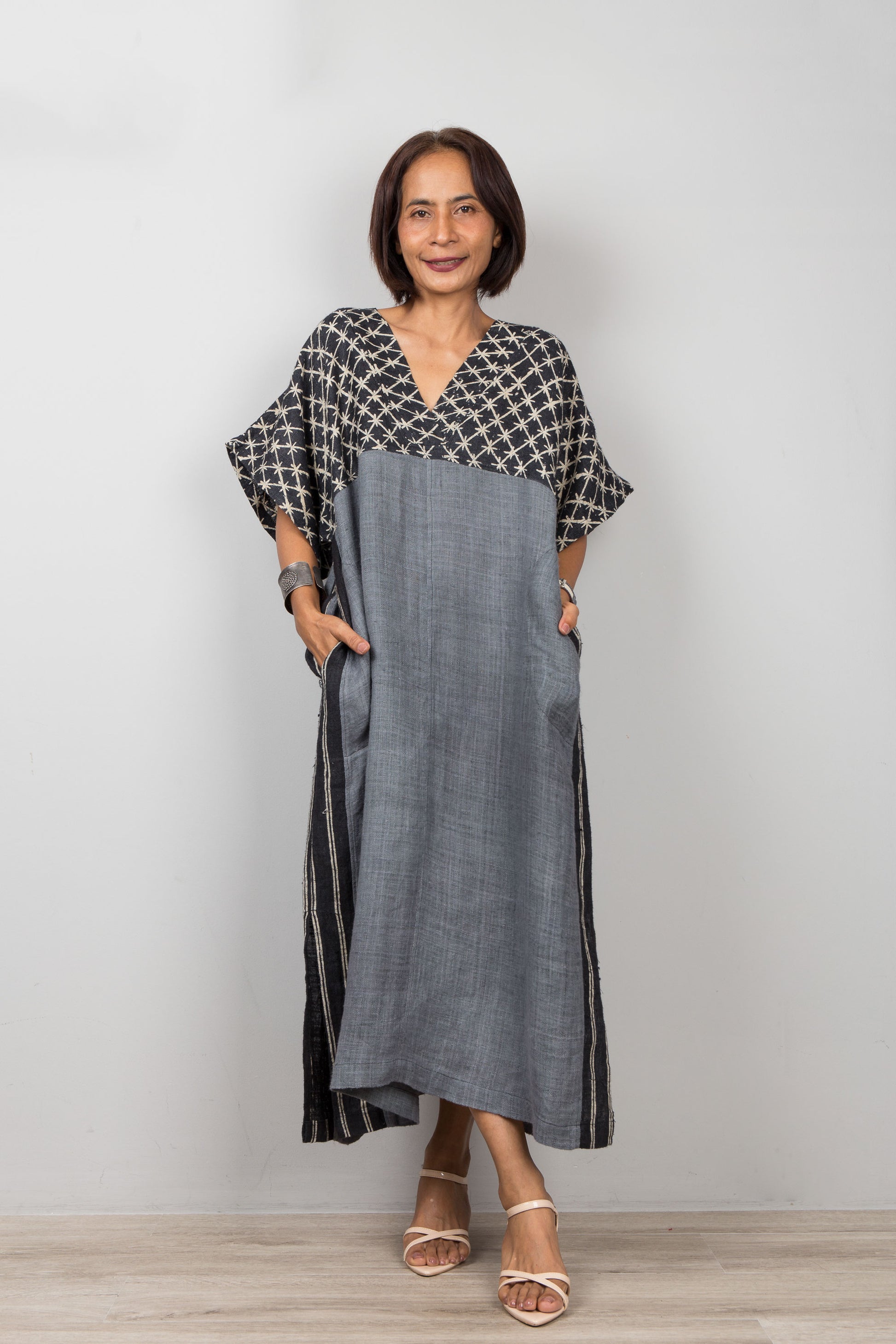 Black and grey hemp caftan dress made from sustainable handwoven fabric