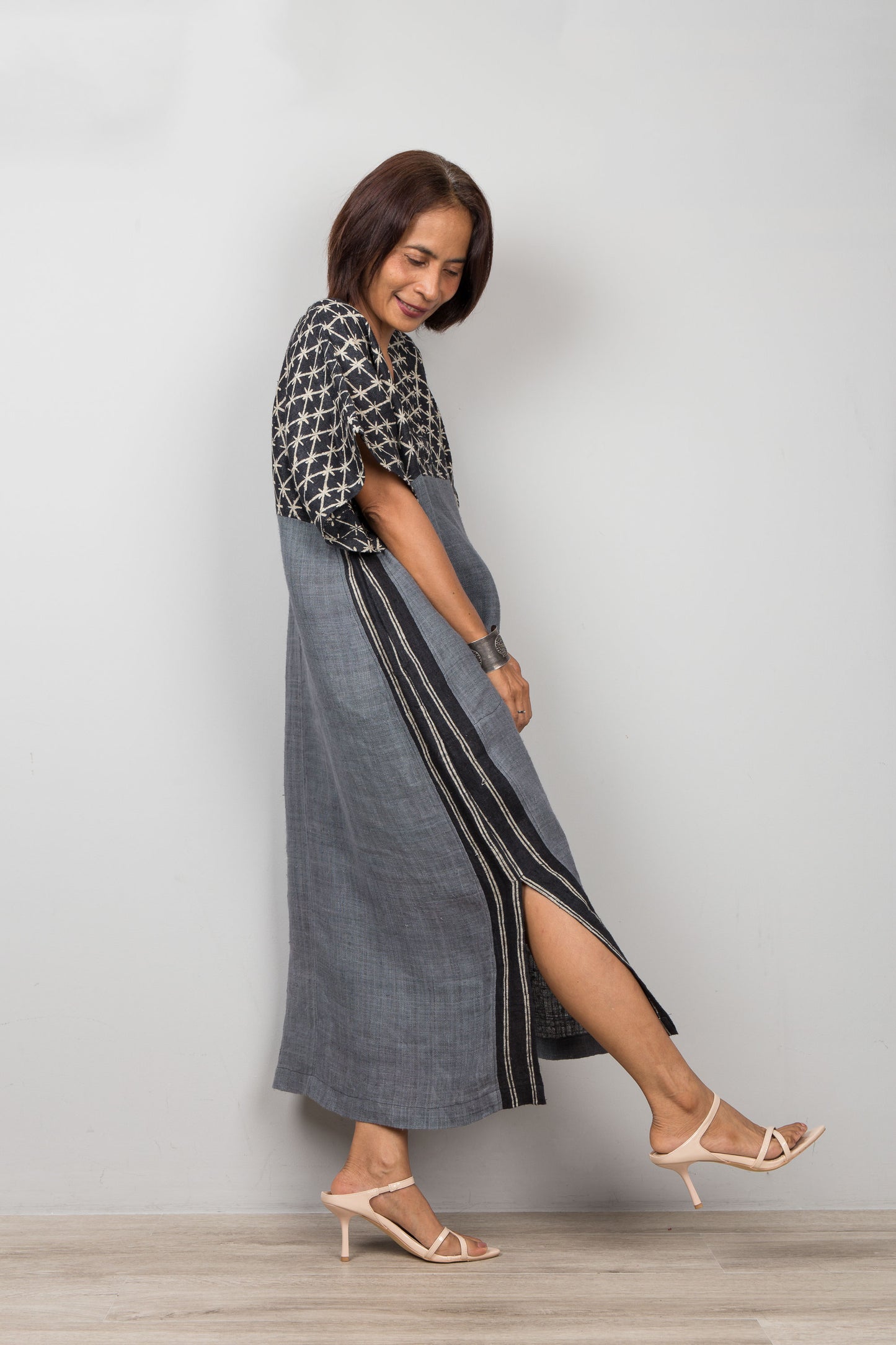 Artisan made hemp kaftan dress,for petite,with side splits and geometric pattern at the chest part