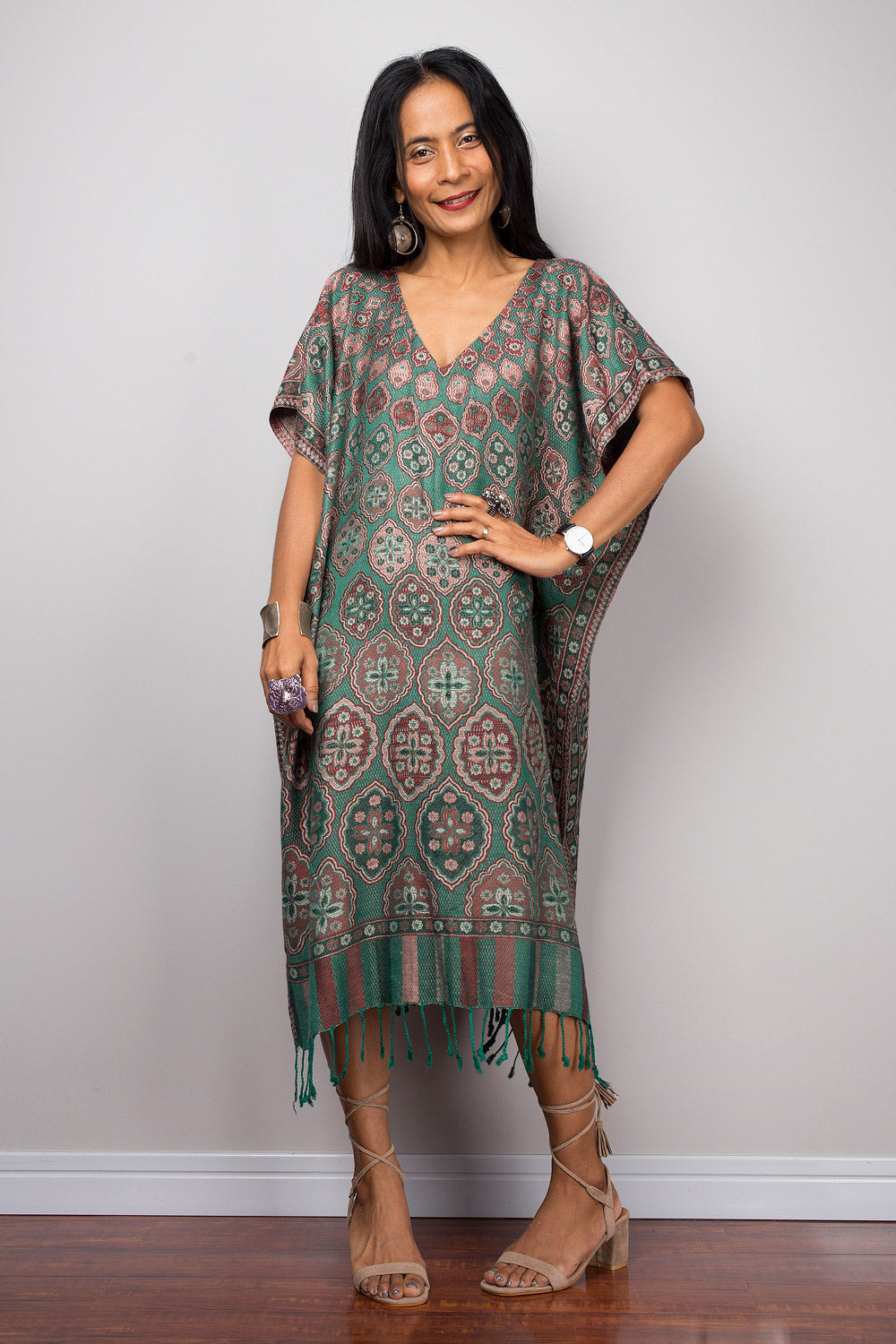 green boho kaftan with ethnic-inspired print and V-neck
