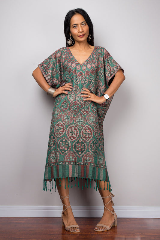 Green boho kaftan dress with fringe hem for petite women – front view