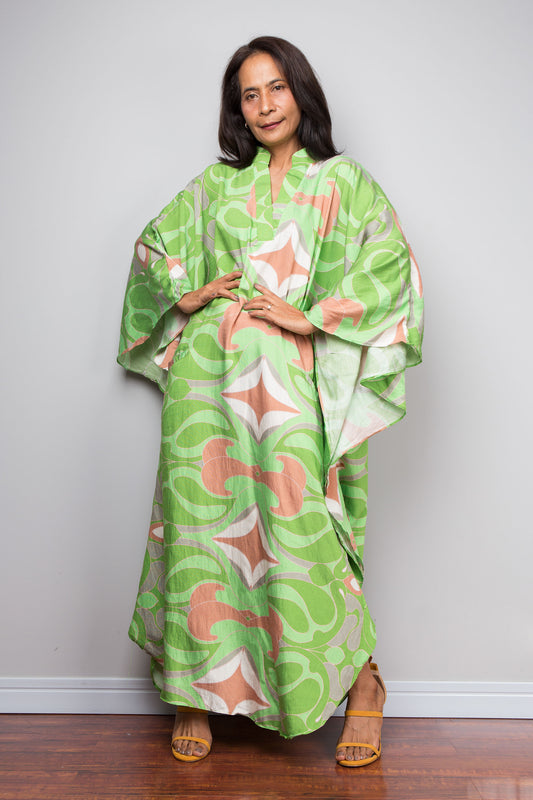 Green Retro Swirl Petite Kaftan Dress