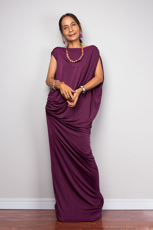 Elegant plum purple draped evening maxi dress with soft ruching on the side

