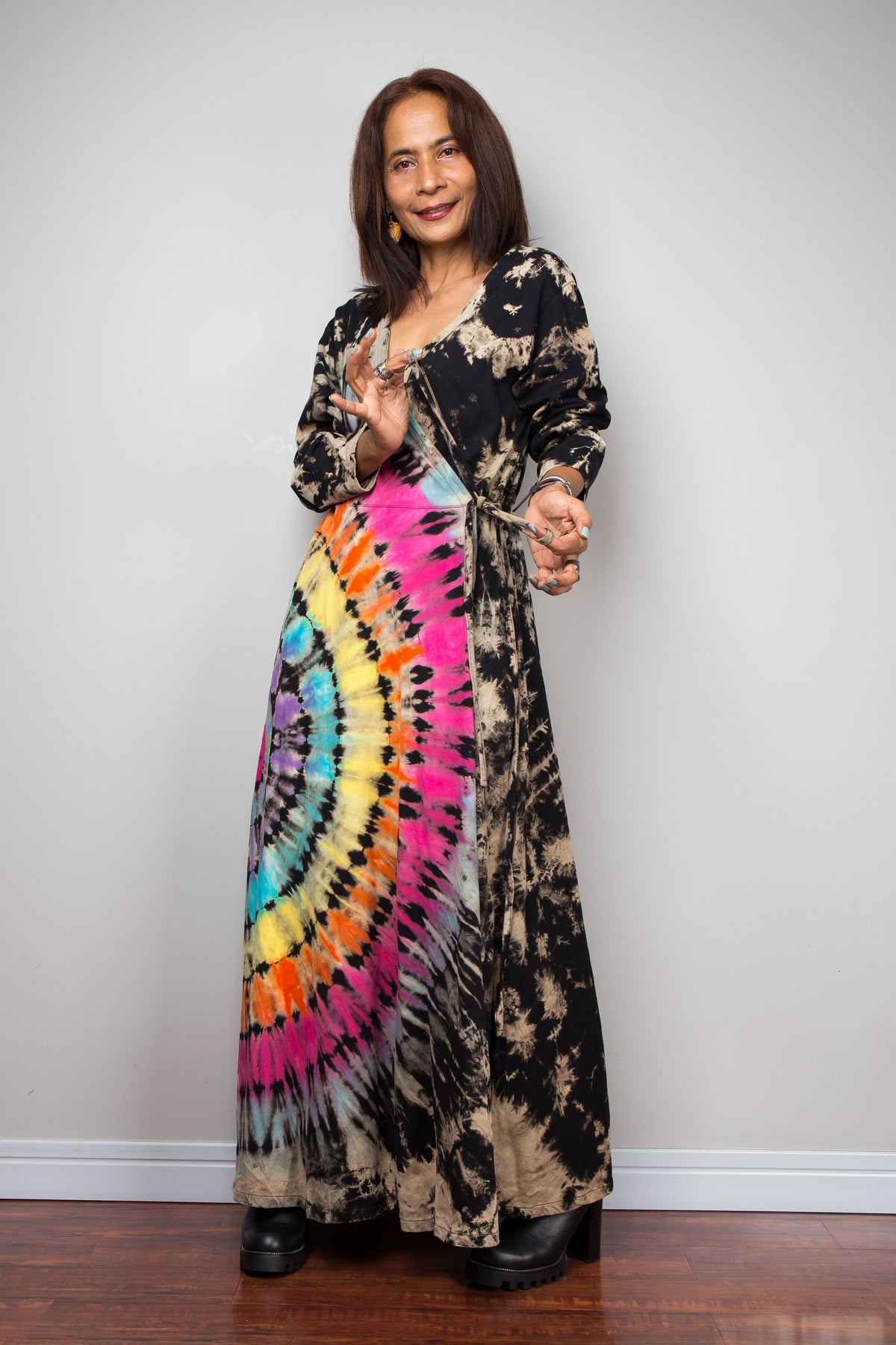 Rainbow Tie Dye Wrap Duster Dress