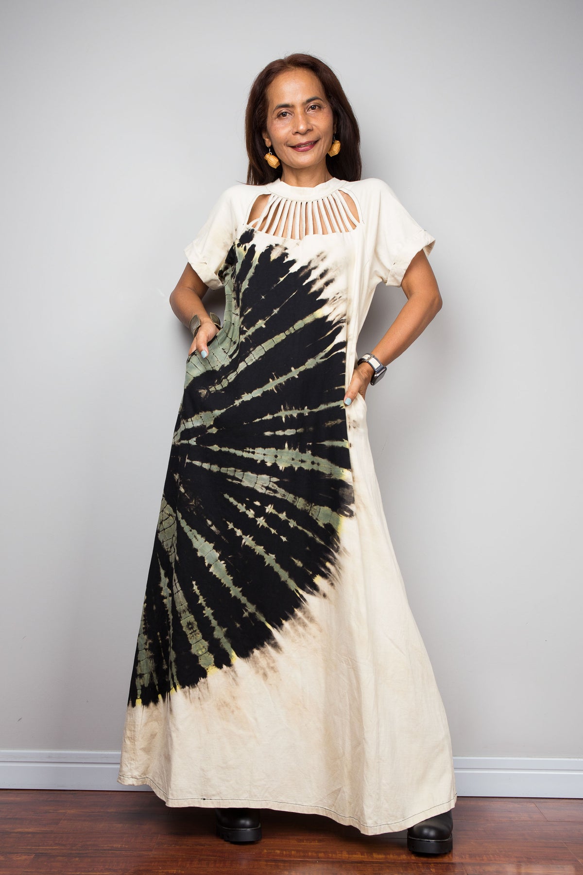 Reverse Tie Dye Cutout Neckline Maxi Dress