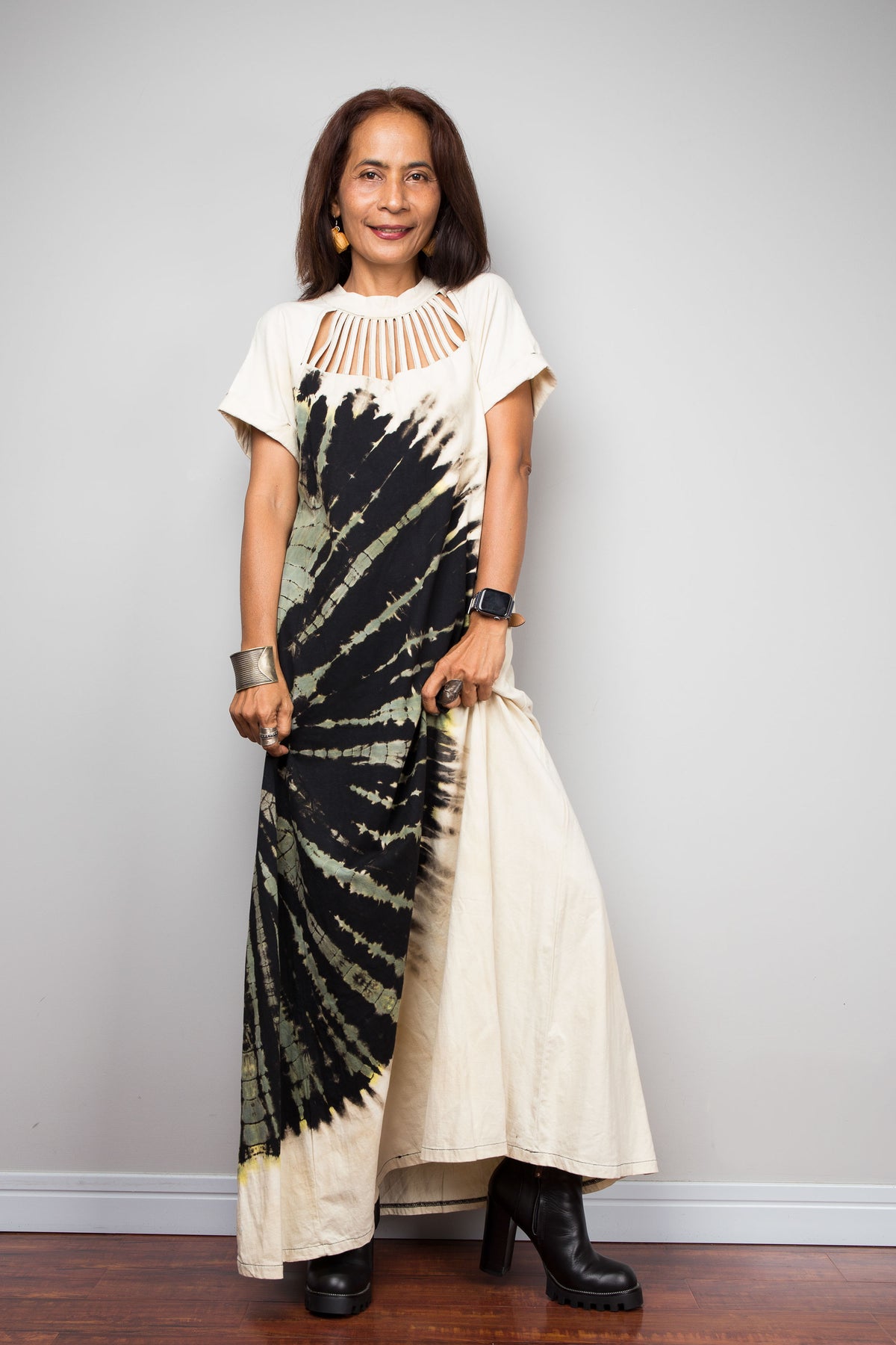 Reverse Tie Dye Cutout Neckline Maxi Dress