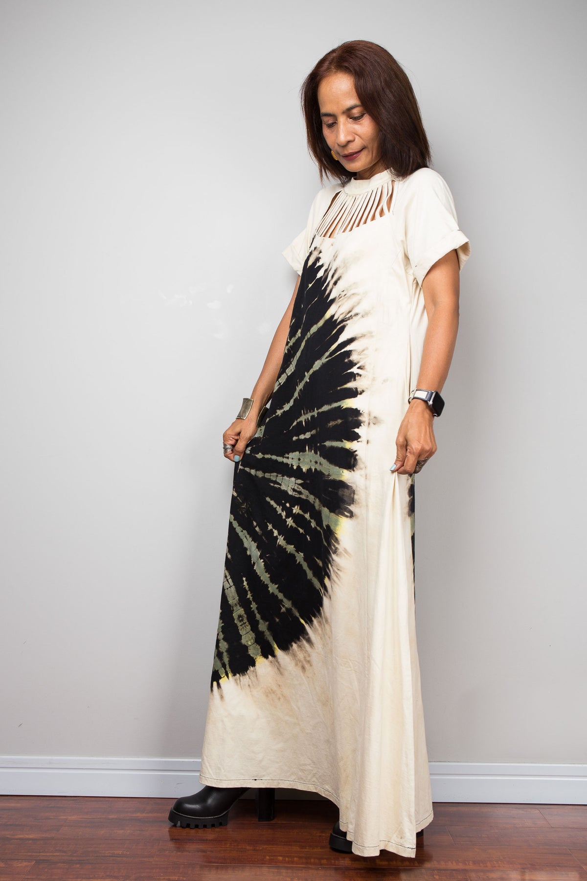Reverse Tie Dye Cutout Neckline Maxi Dress