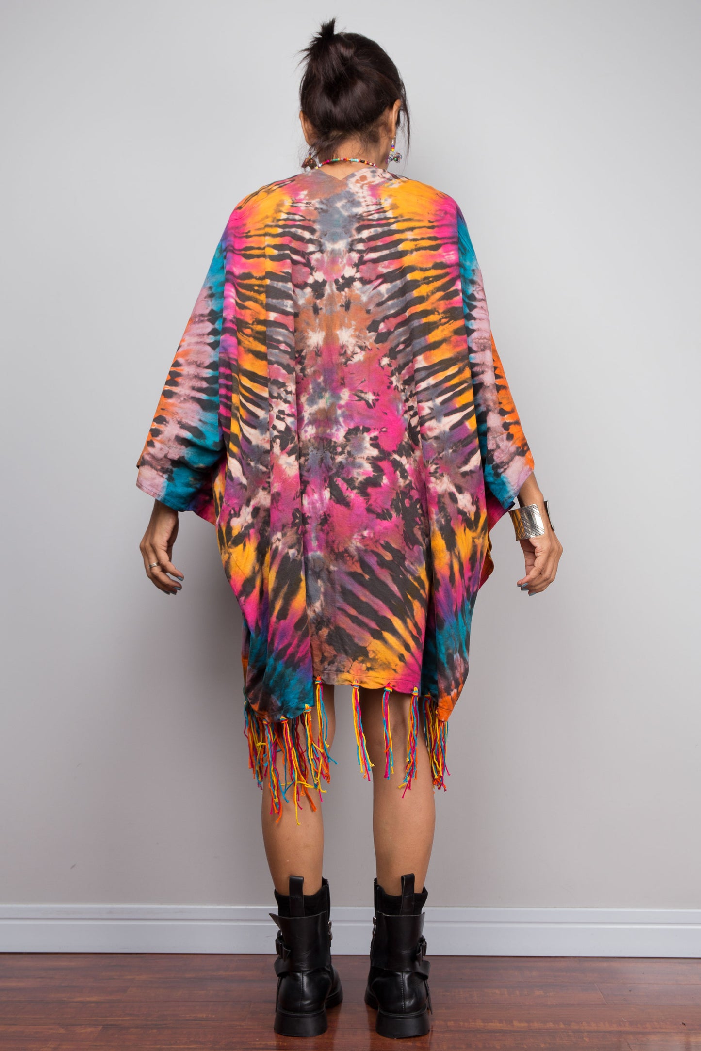 Rainbow Tie Dye Kimono Duster with Multicolour Fringe