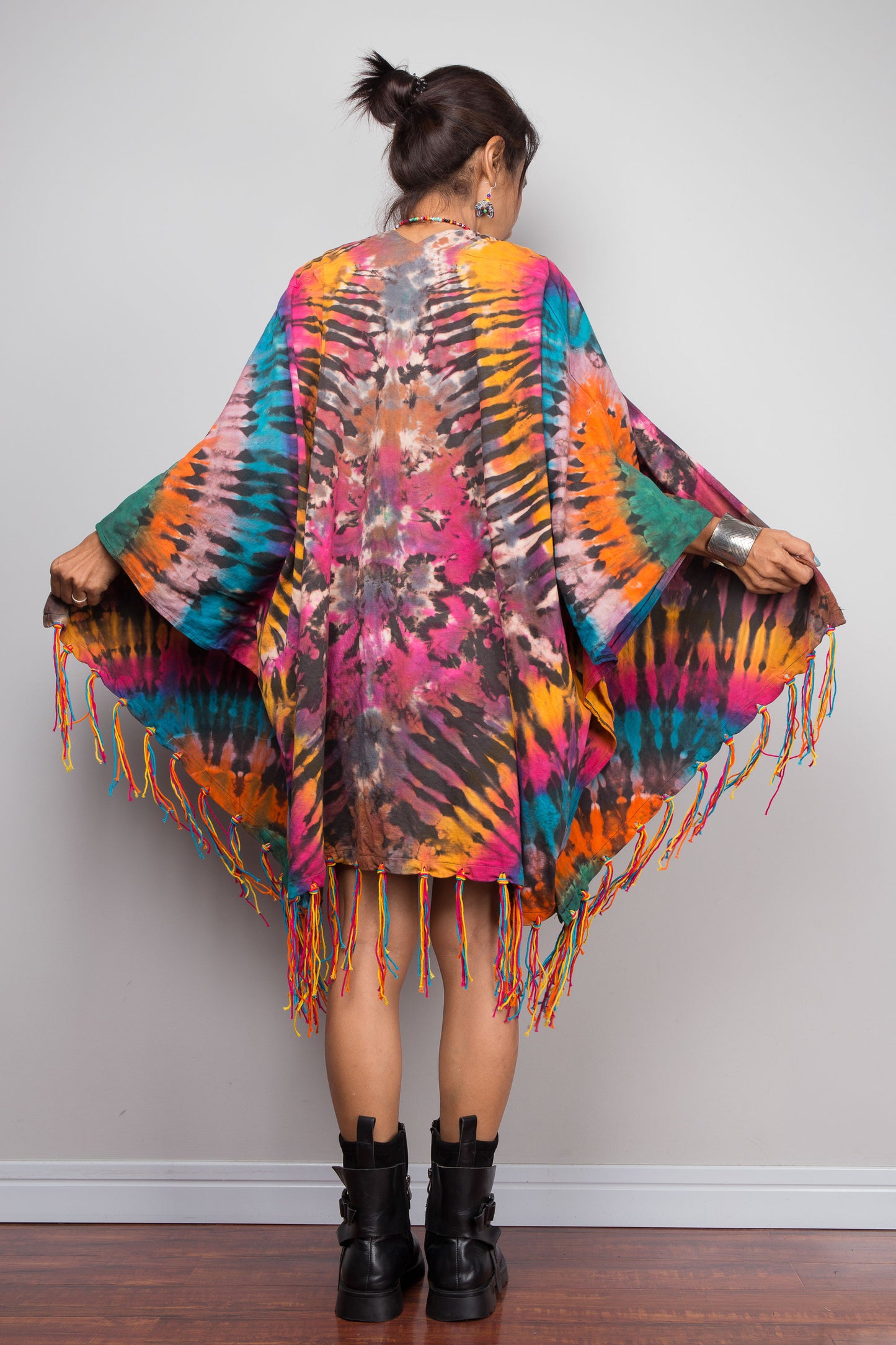 Rainbow Tie Dye Kimono Duster with Multicolour Fringe