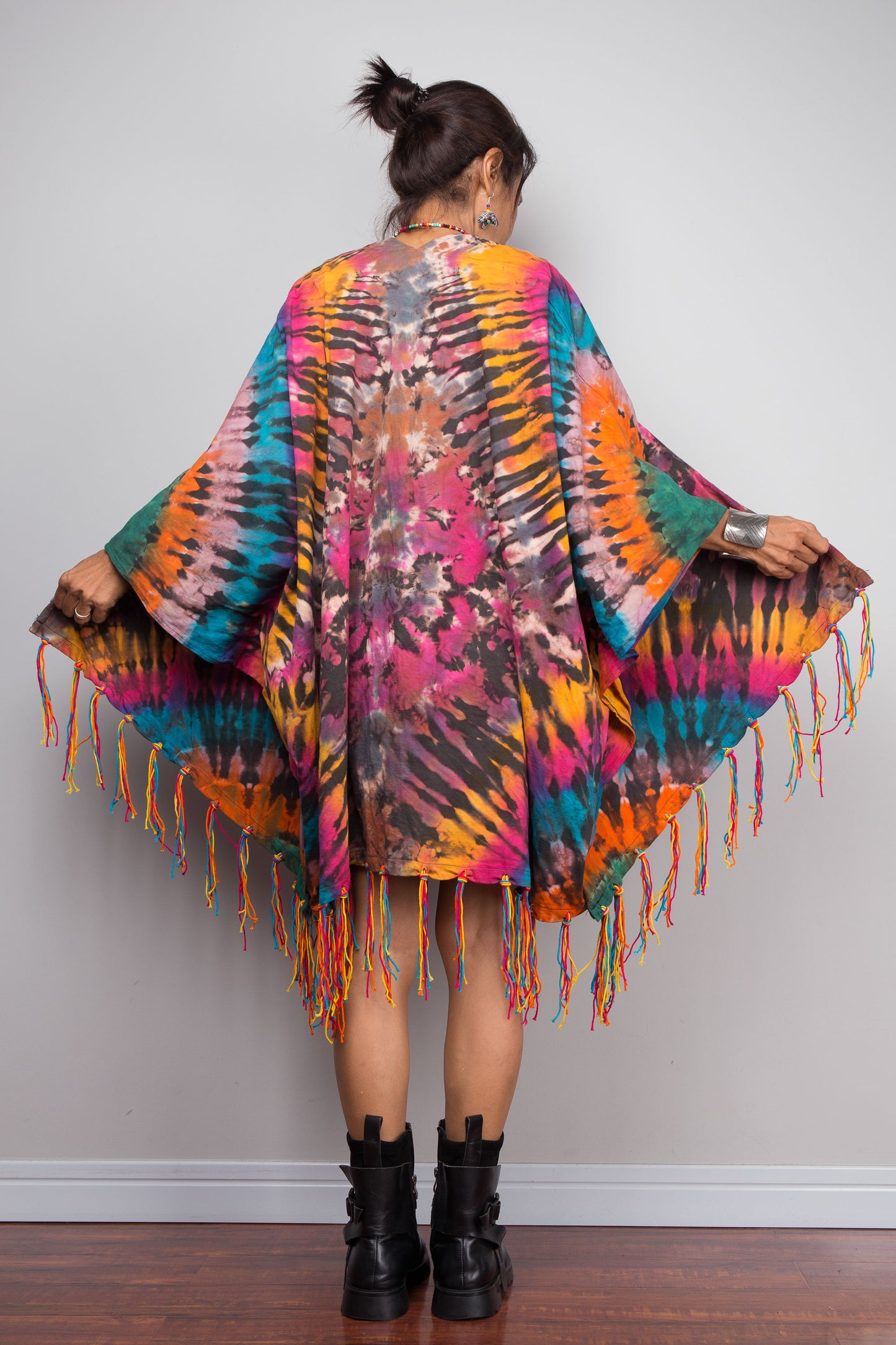 Rainbow Tie Dye Kimono Duster with Multicolour Fringe