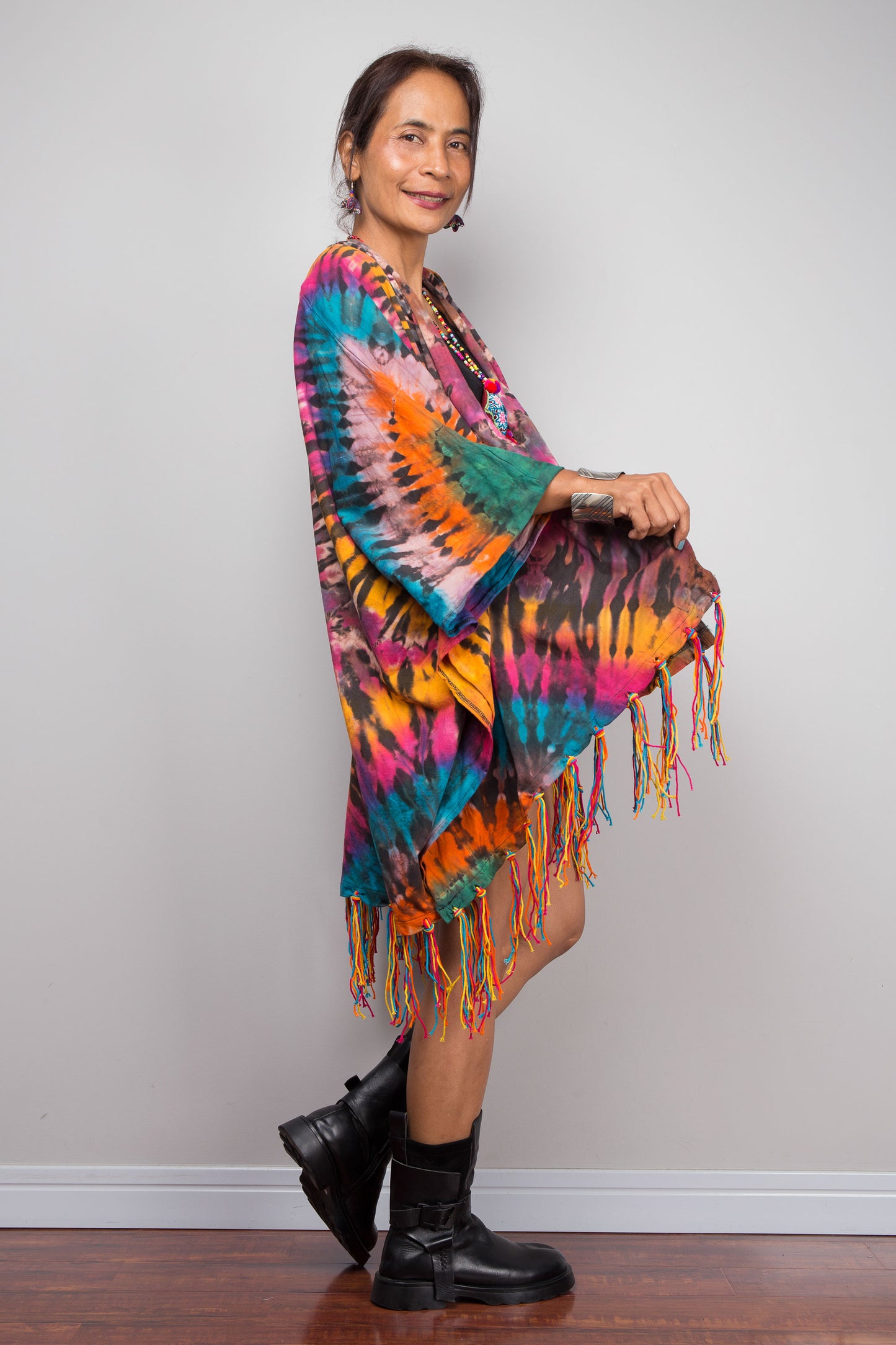 Rainbow Tie Dye Kimono Duster with Multicolour Fringe