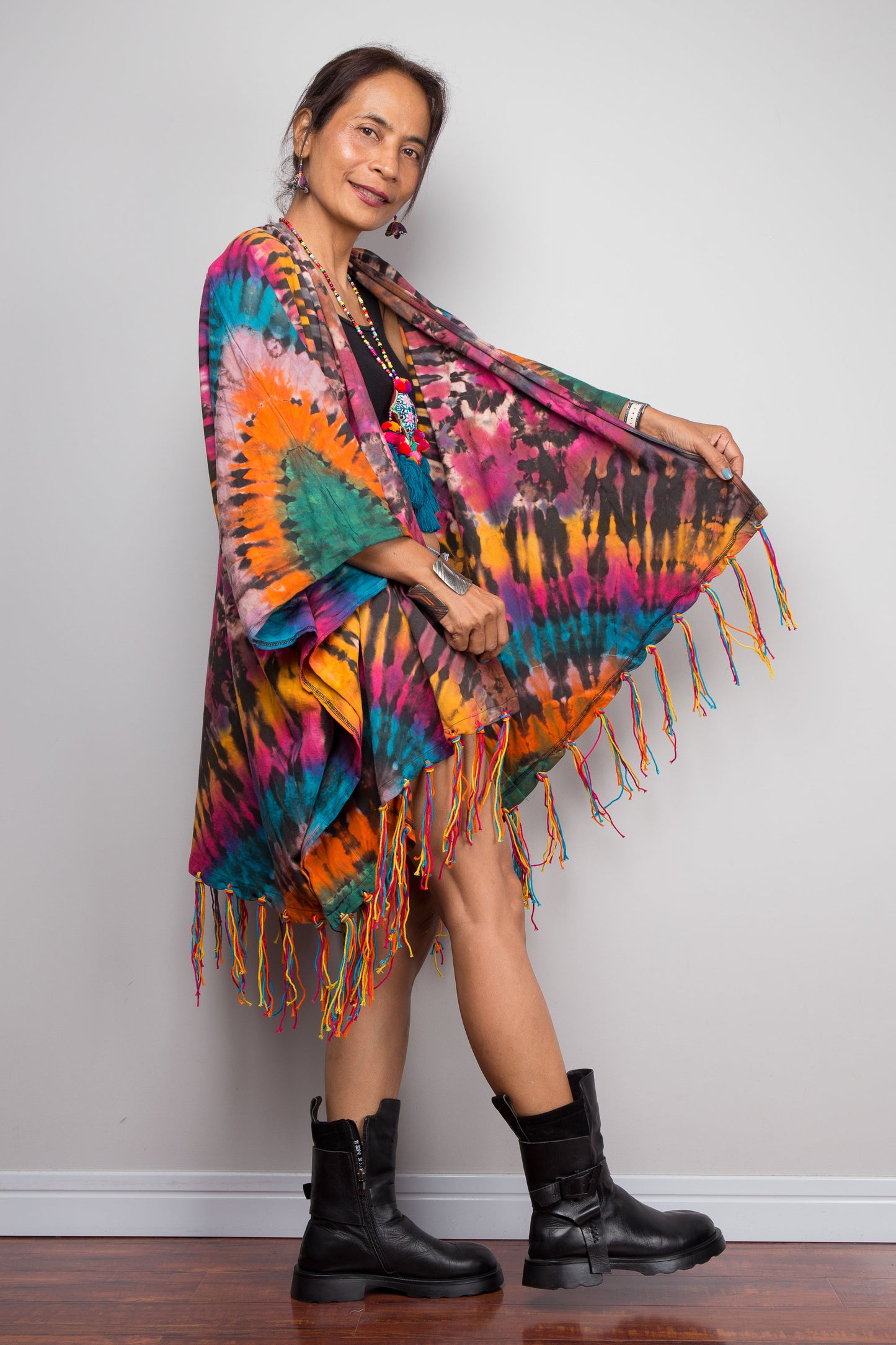 Rainbow Tie Dye Kimono Duster with Multicolour Fringe