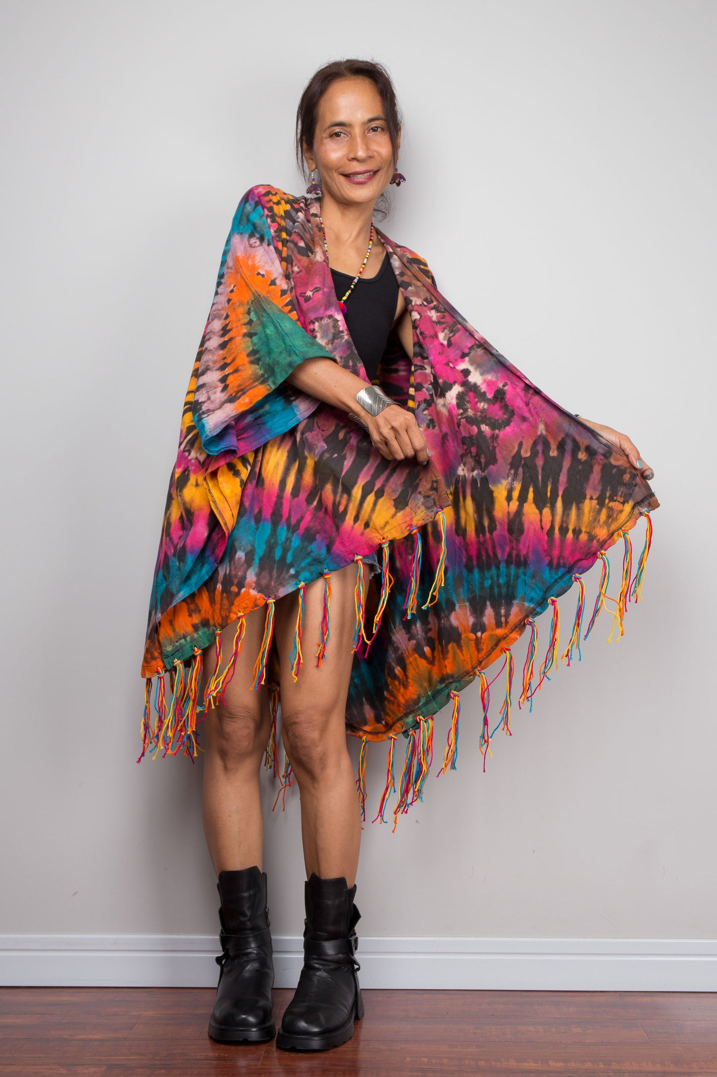 Rainbow Tie Dye Kimono Duster with Multicolour Fringe