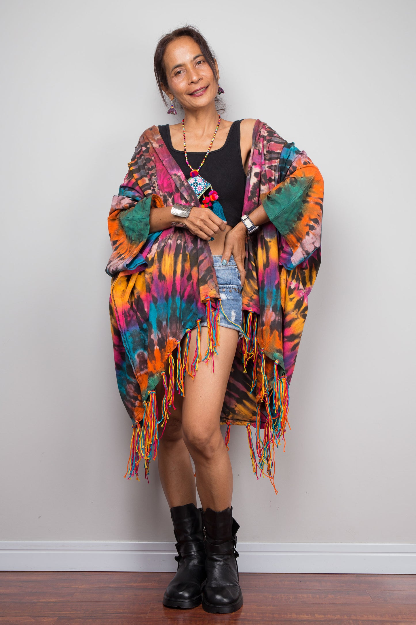 Rainbow Tie Dye Kimono Duster with Multicolour Fringe