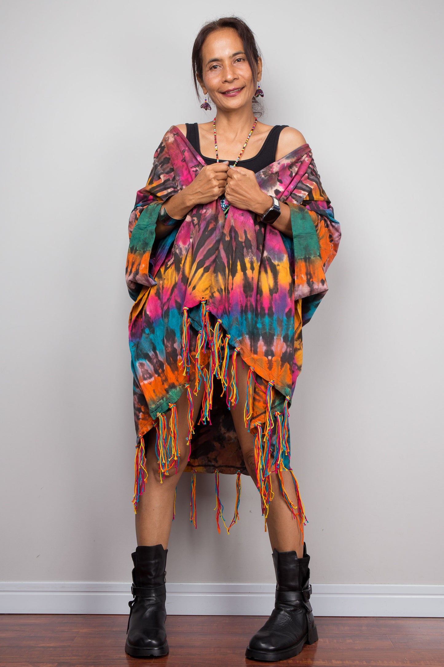 Rainbow Tie Dye Kimono Duster with Multicolour Fringe