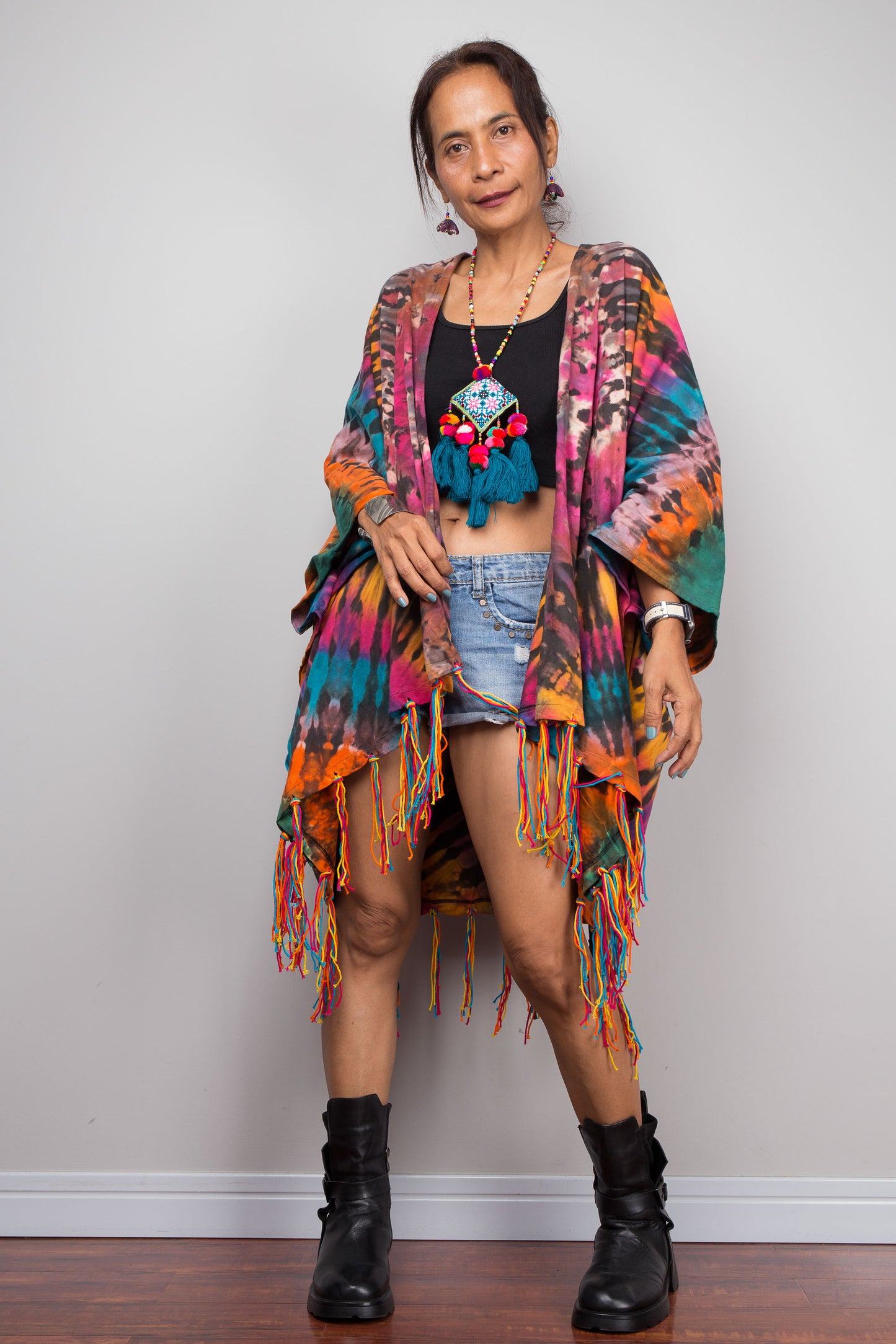 Rainbow Tie Dye Kimono Duster with Multicolour Fringe