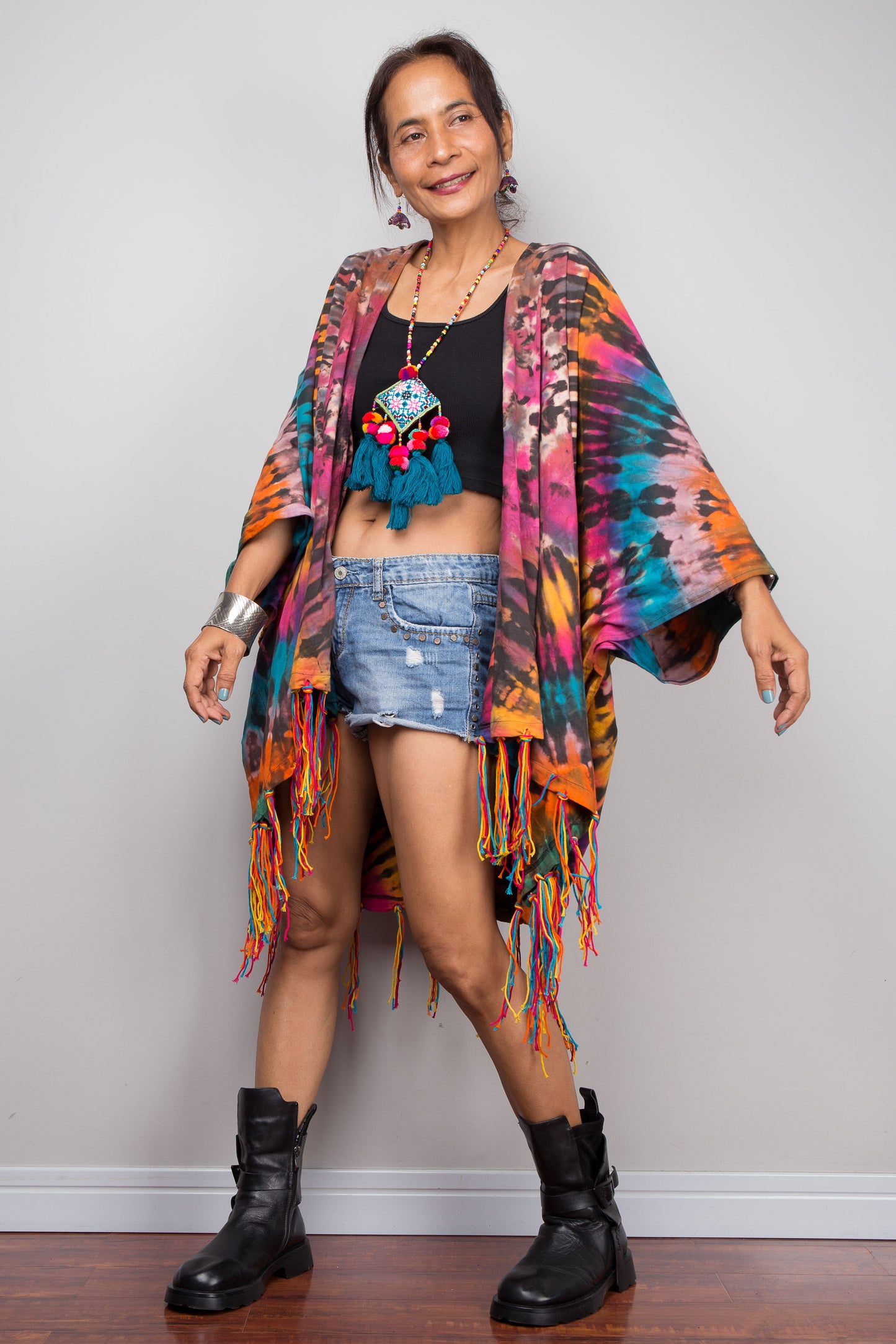 Rainbow Tie Dye Kimono Duster with Multicolour Fringe