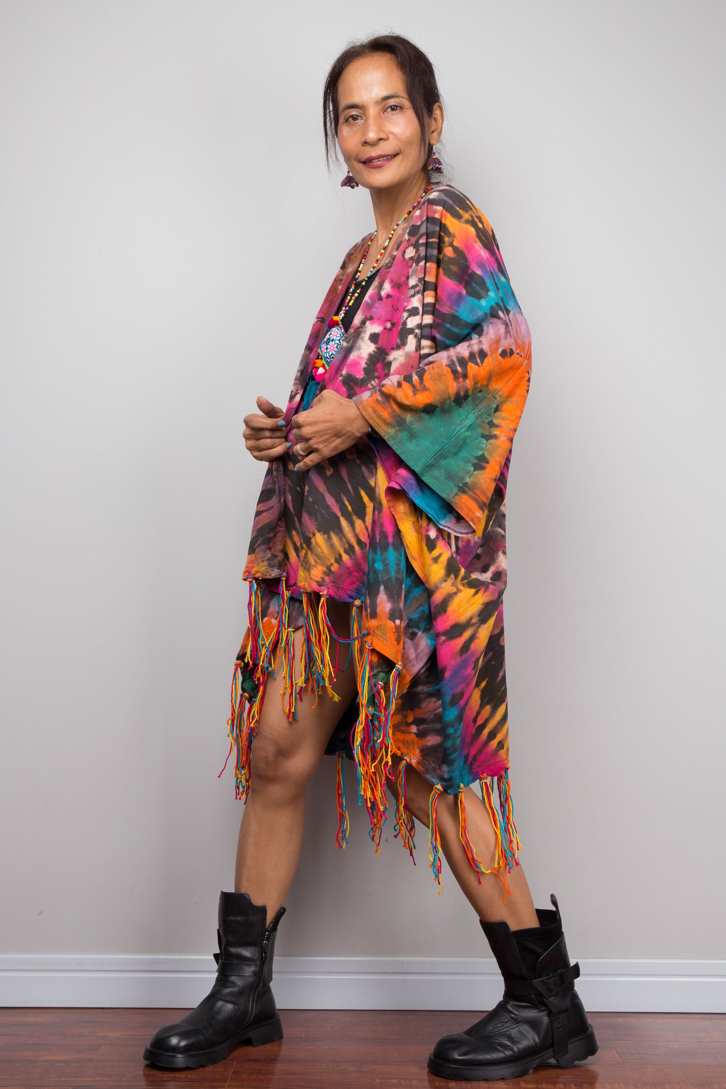 Rainbow Tie Dye Kimono Duster with Multicolour Fringe