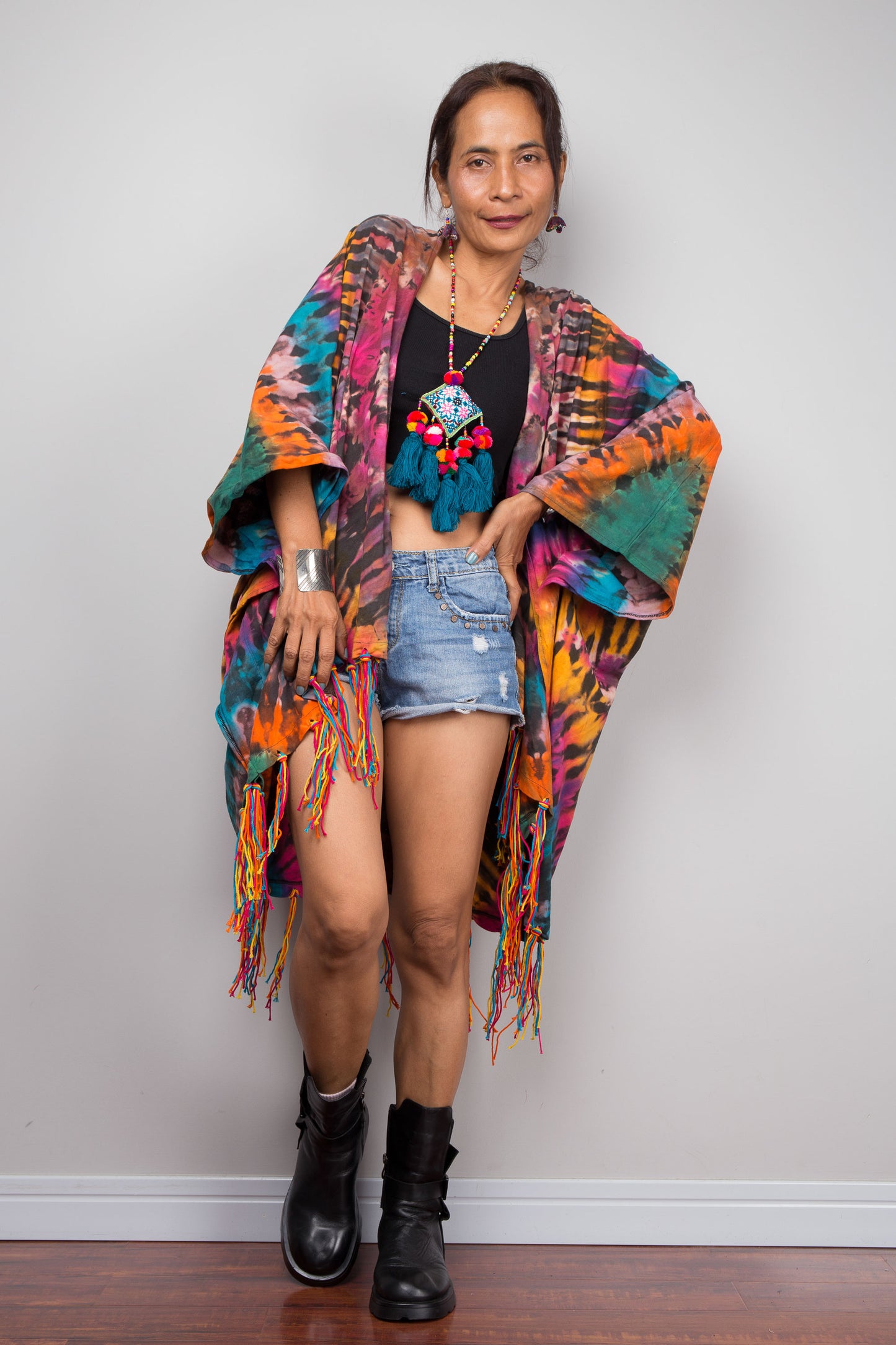 Rainbow Tie Dye Kimono Duster with Multicolour Fringe