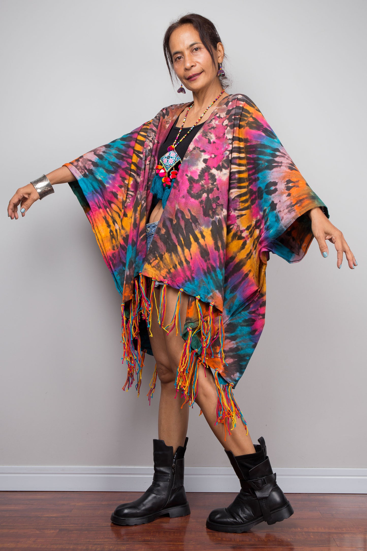 Rainbow Tie Dye Kimono Duster with Multicolour Fringe