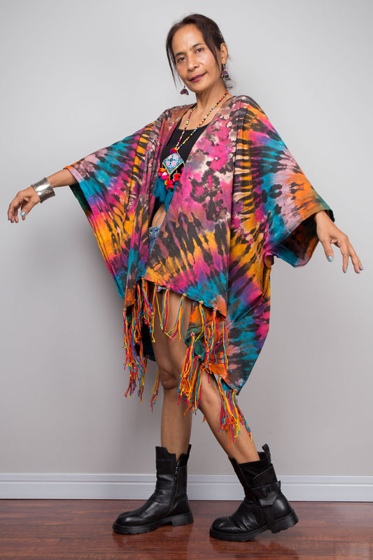 Rainbow Tie Dye Kimono Duster with Multicolour Fringe