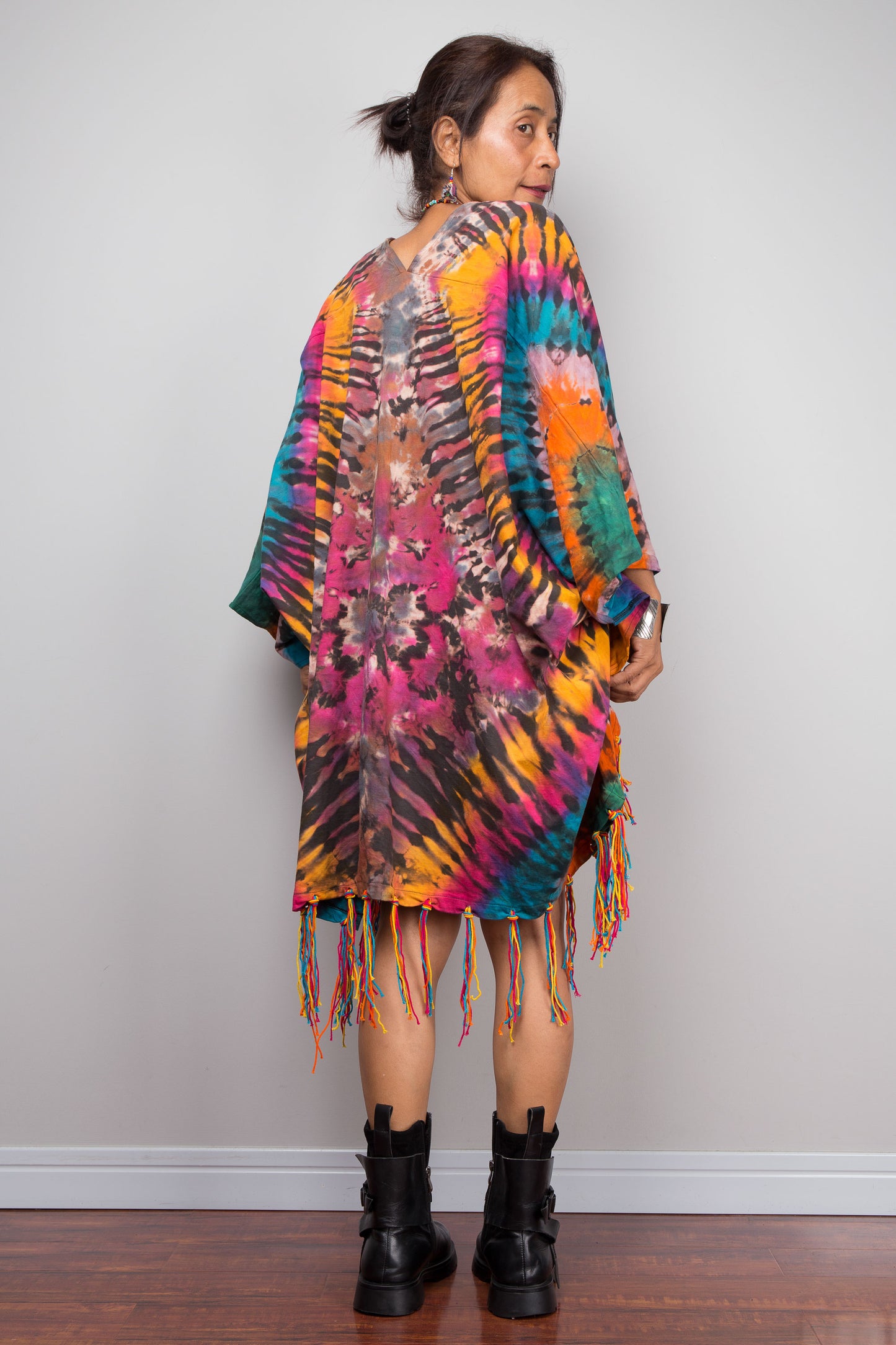Rainbow Tie Dye Kimono Duster with Multicolour Fringe