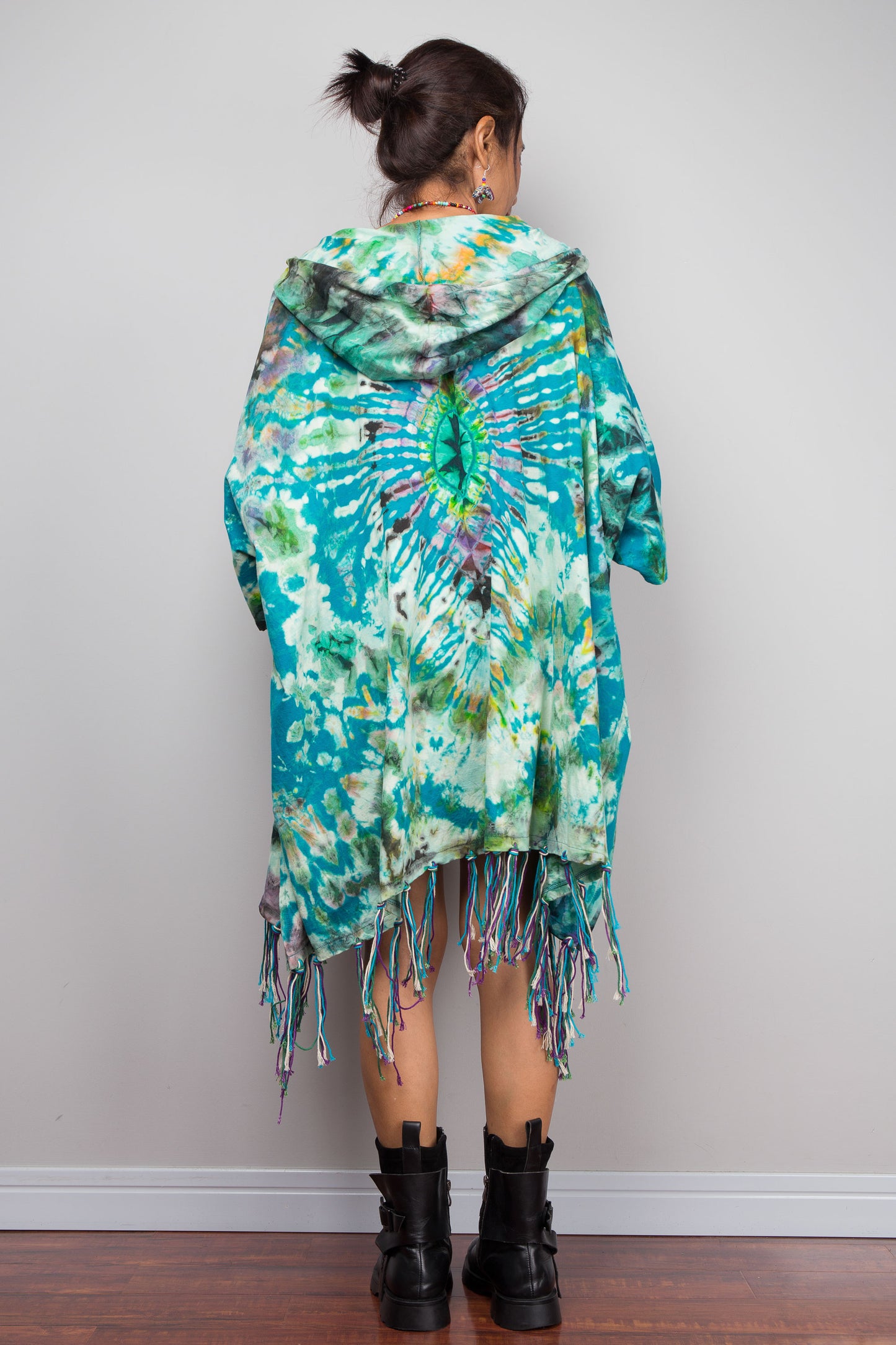 Teal Tie Dye Hooded Kimono Duster with Fringe