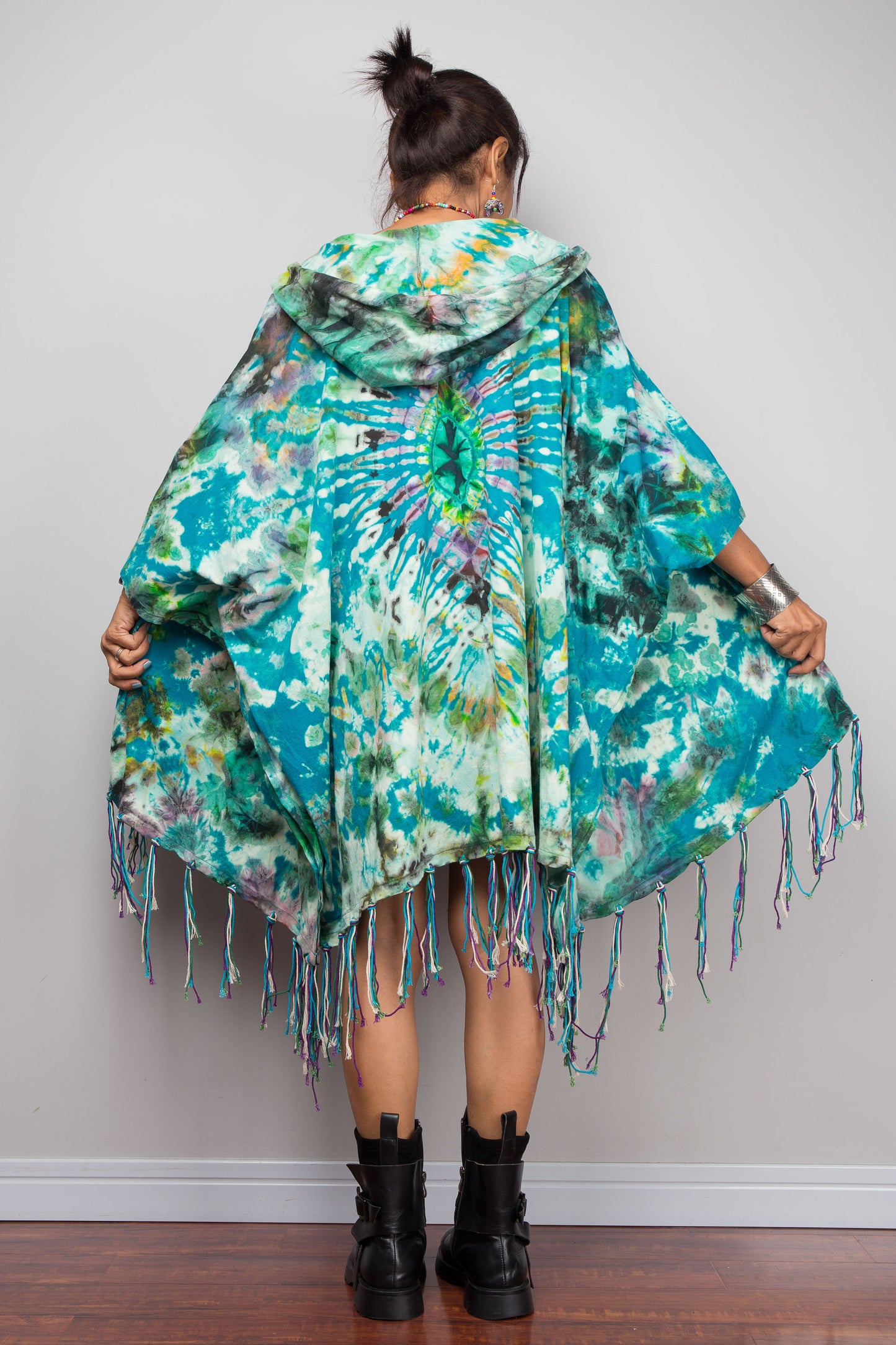 Teal Tie Dye Hooded Kimono Duster with Fringe