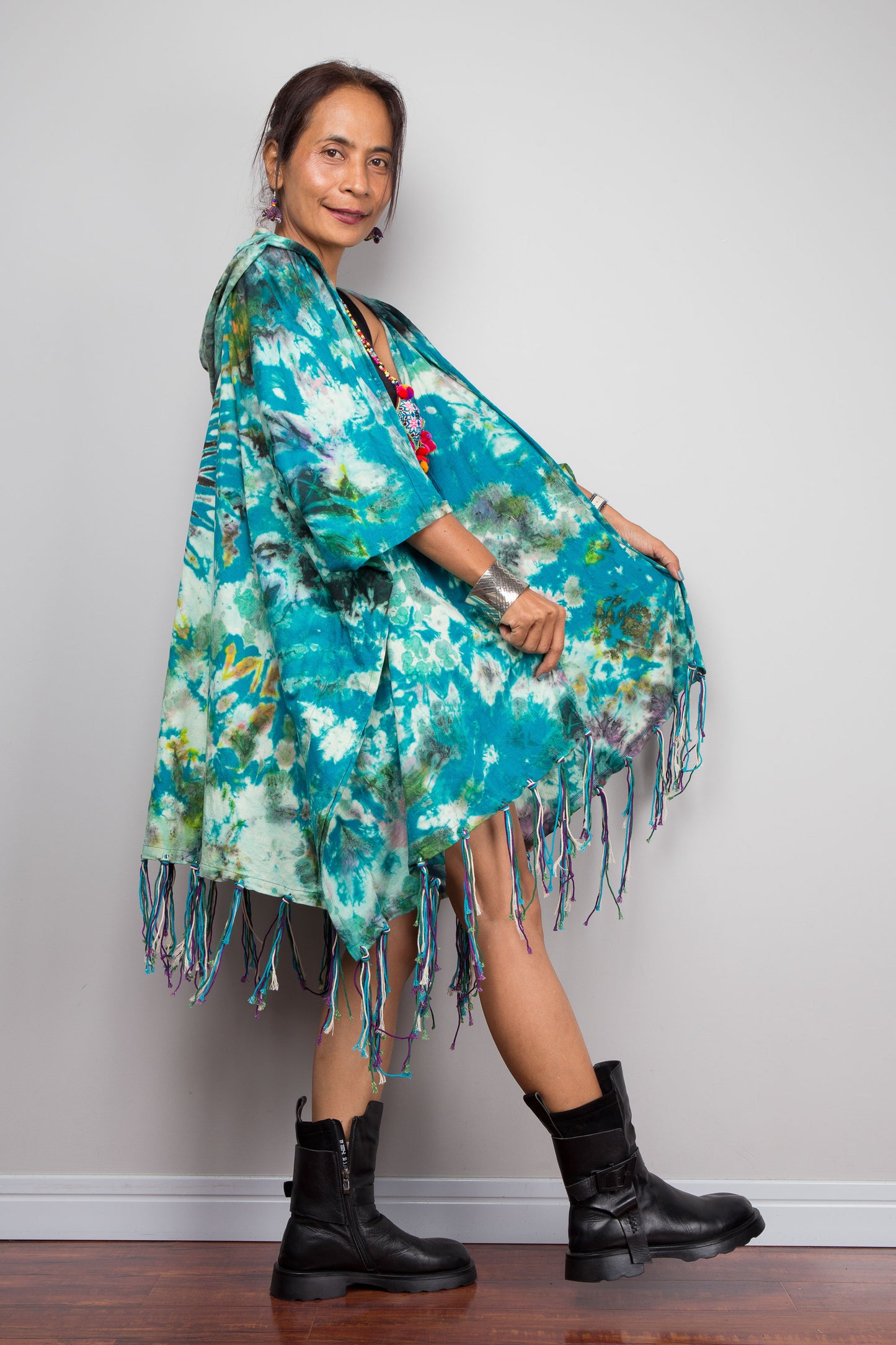 Teal Tie Dye Hooded Kimono Duster with Fringe