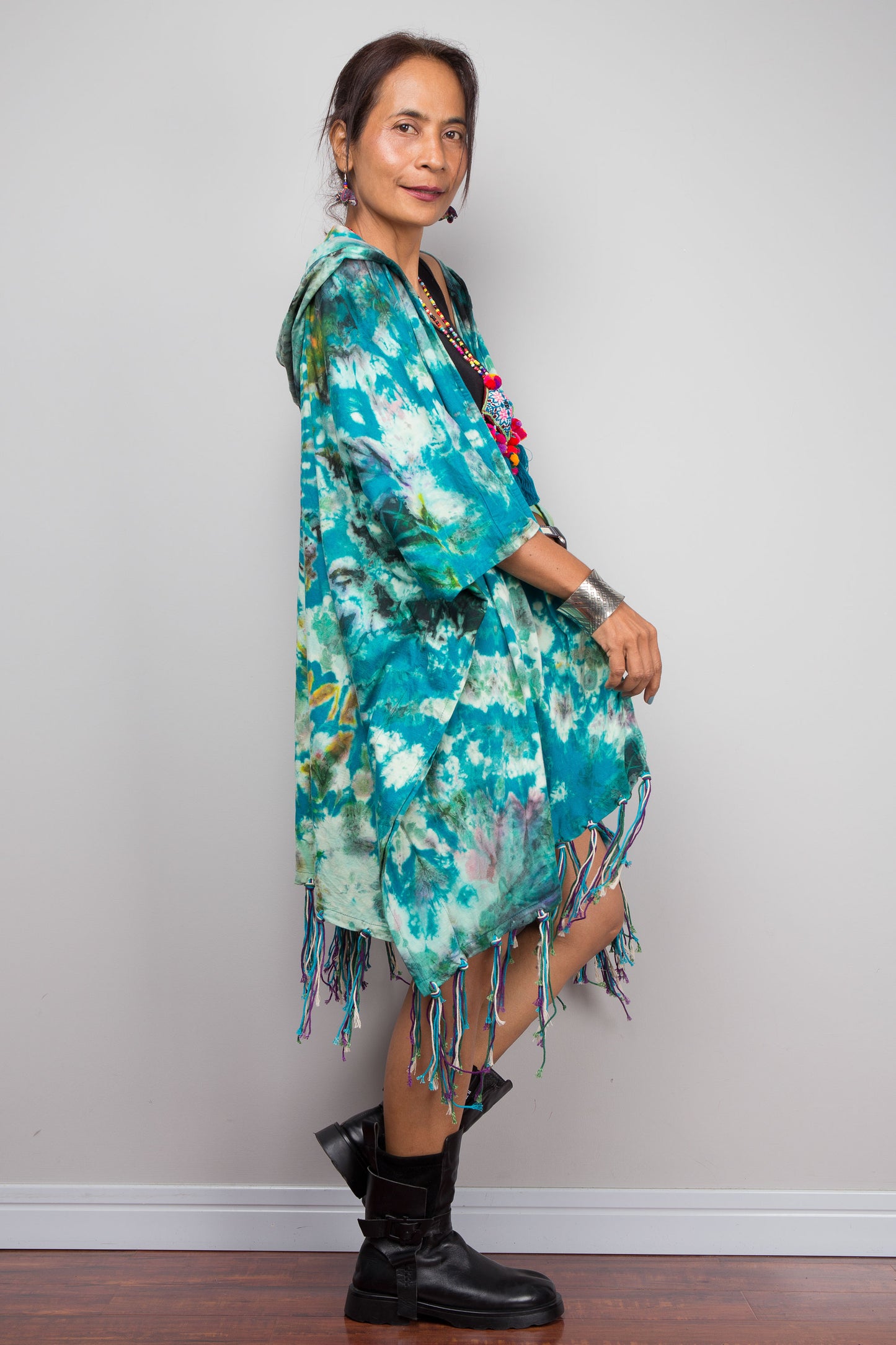 Teal Tie Dye Hooded Kimono Duster with Fringe