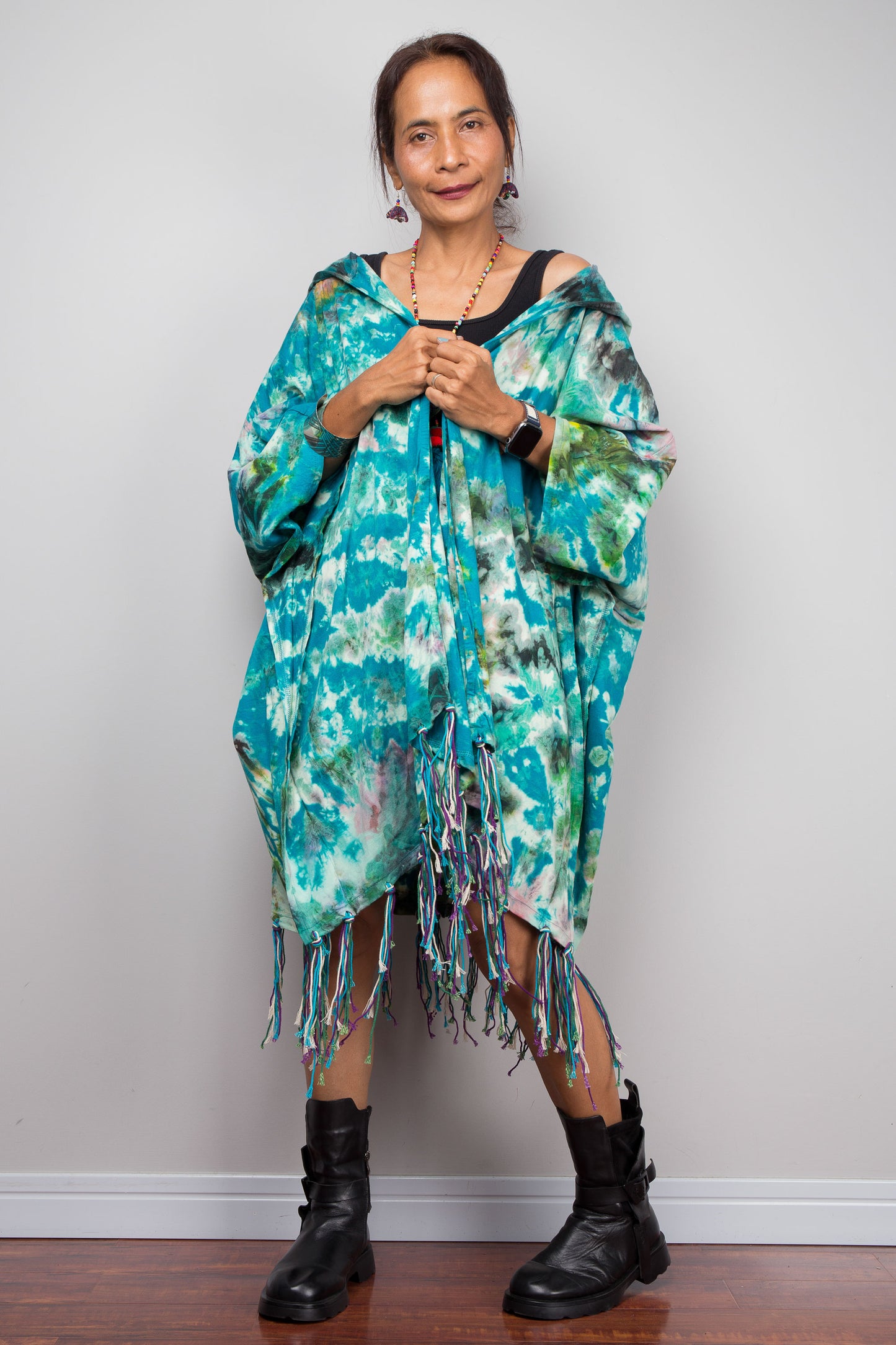 Teal Tie Dye Hooded Kimono Duster with Fringe