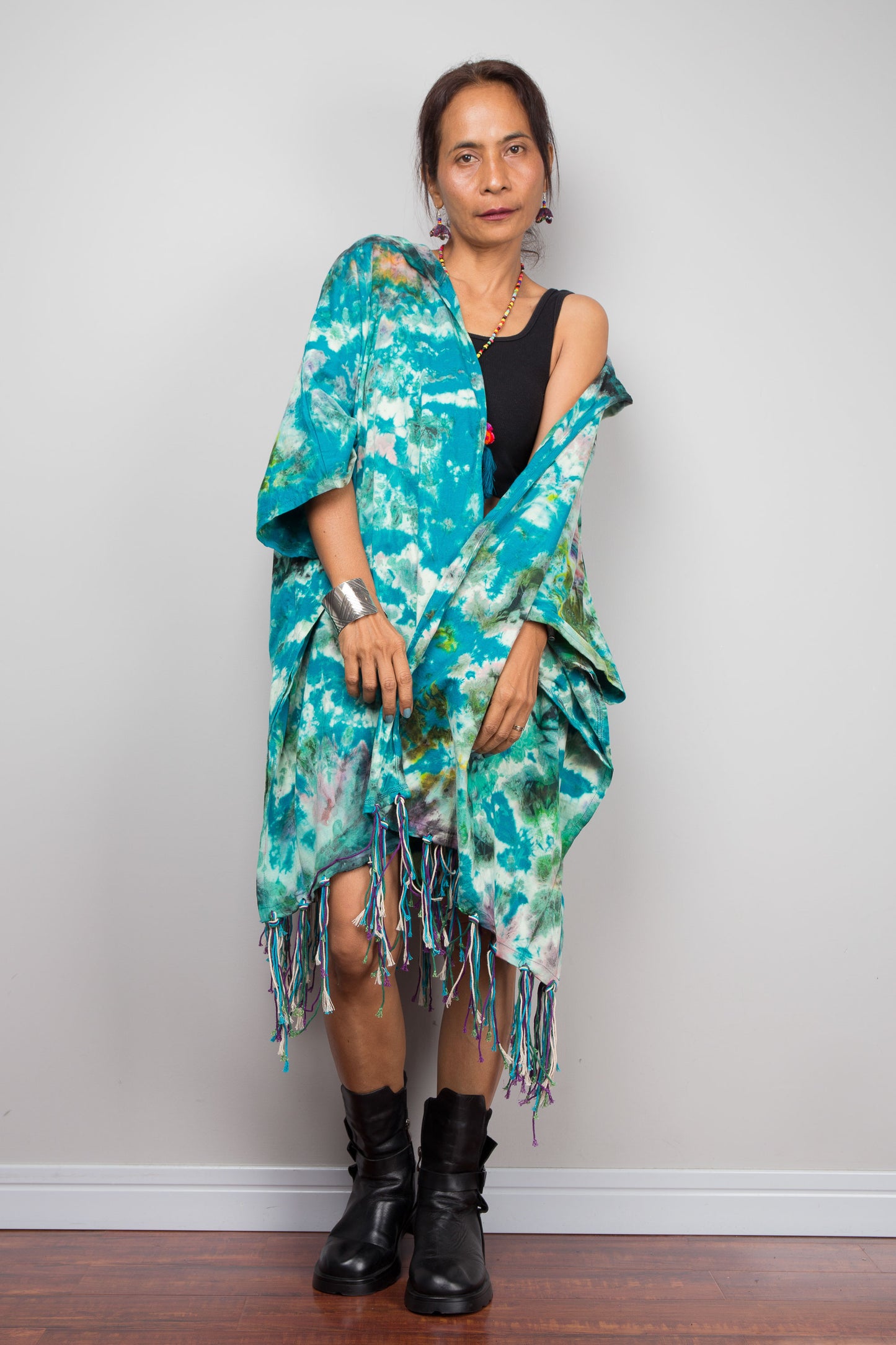 Teal Tie Dye Hooded Kimono Duster with Fringe
