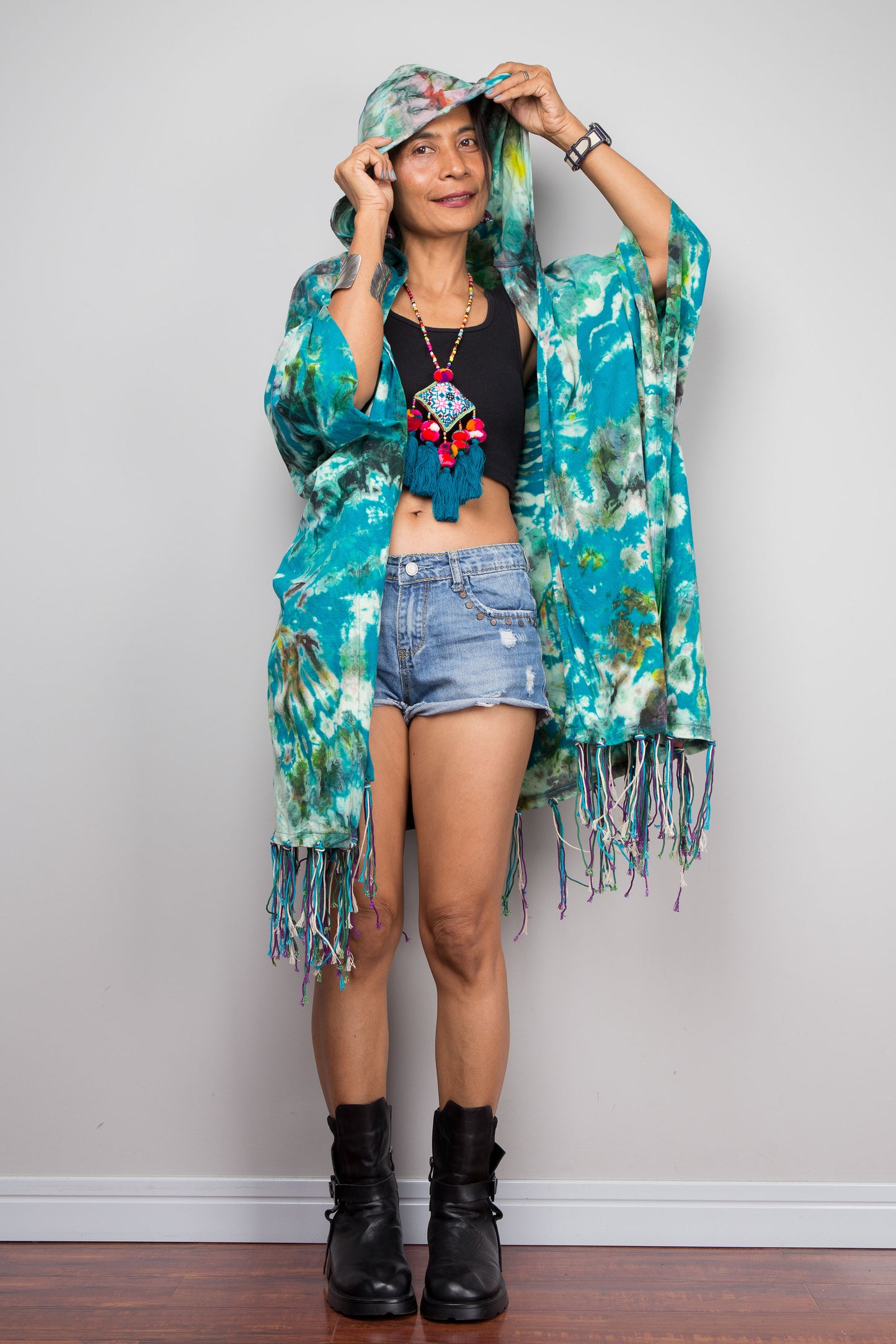 Teal Tie Dye Hooded Kimono Duster with Fringe