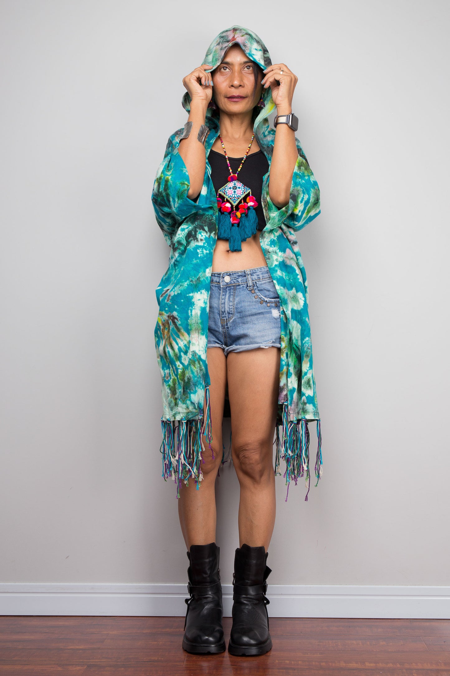 Teal Tie Dye Hooded Kimono Duster with Fringe