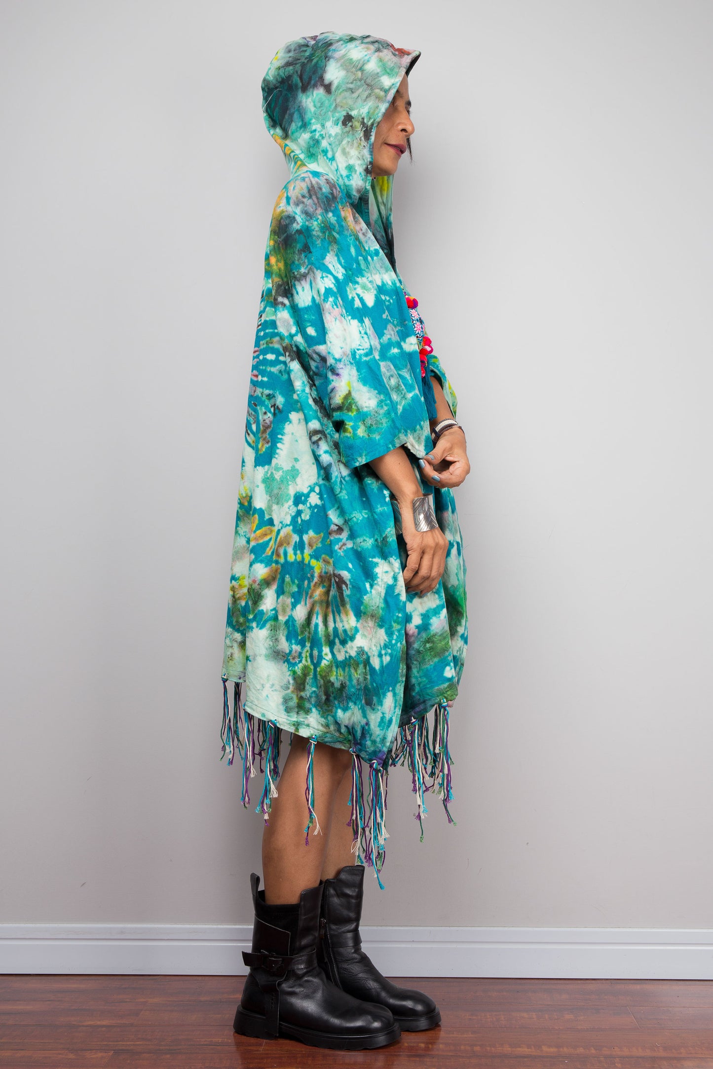 Teal Tie Dye Hooded Kimono Duster with Fringe