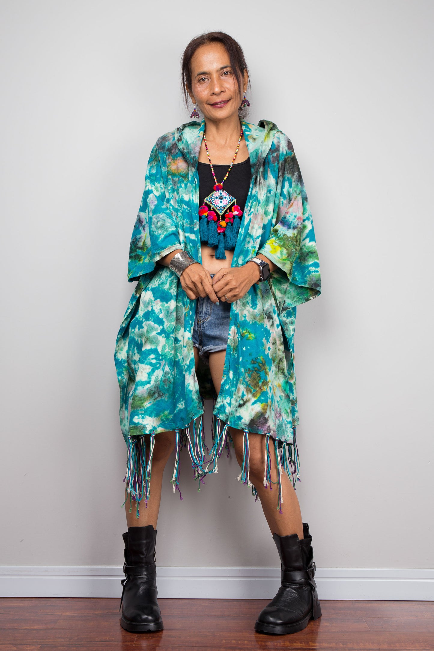 Teal Tie Dye Hooded Kimono Duster with Fringe