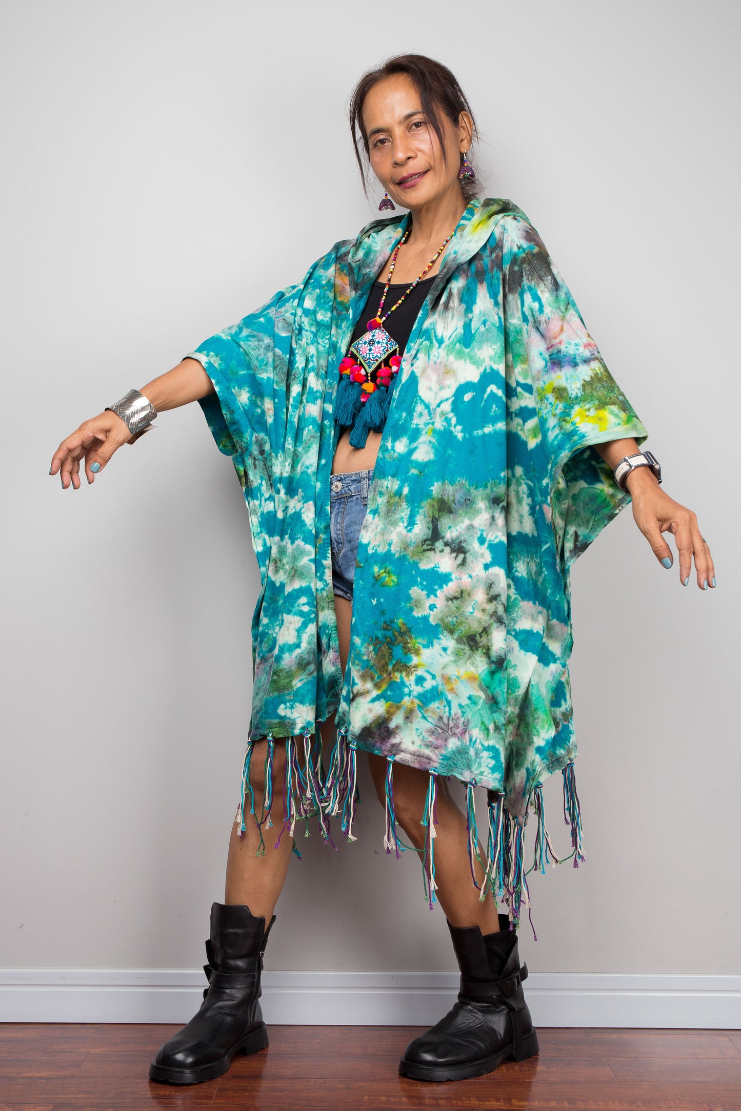 Teal Tie Dye Hooded Kimono Duster with Fringe