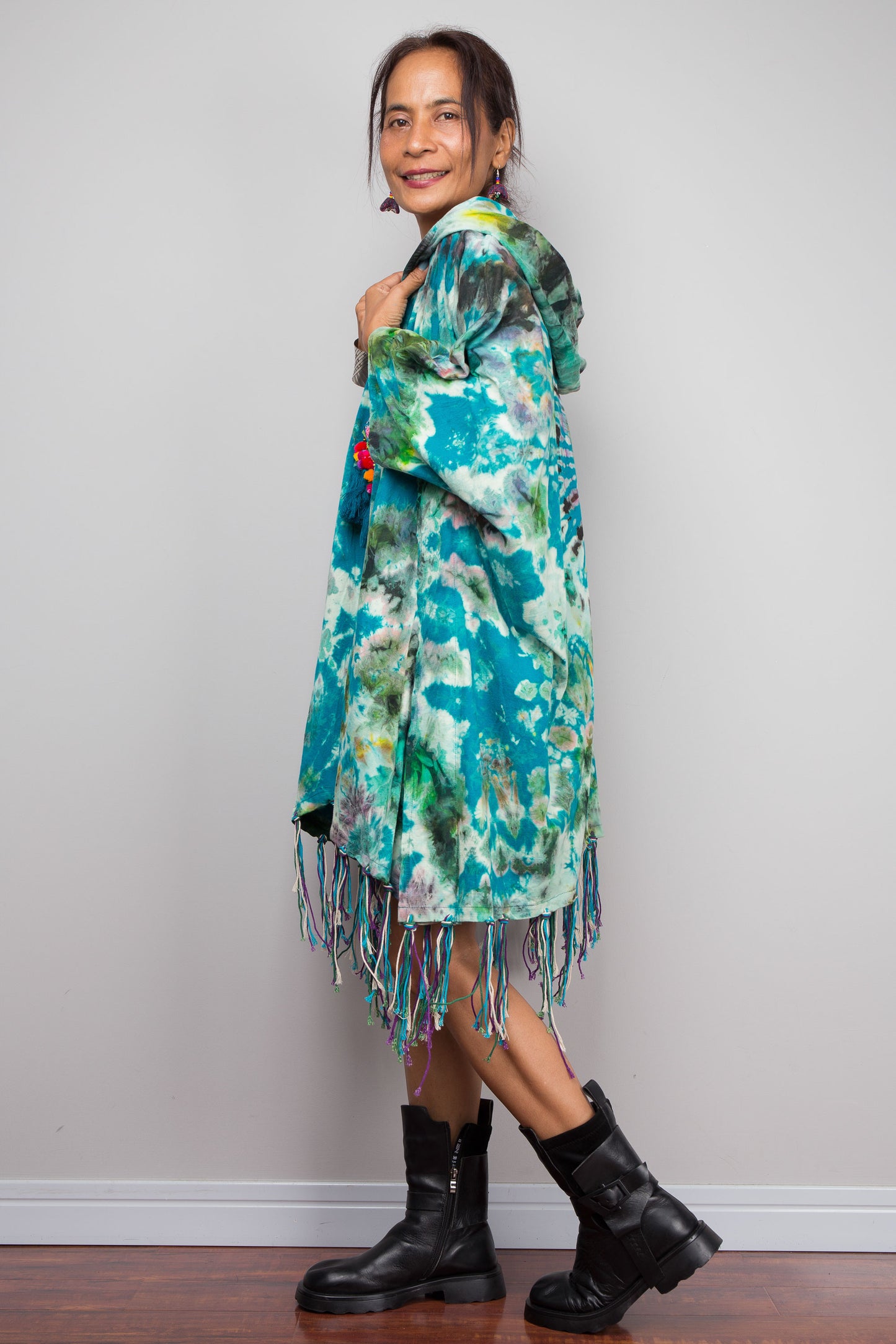 Teal Tie Dye Hooded Kimono Duster with Fringe