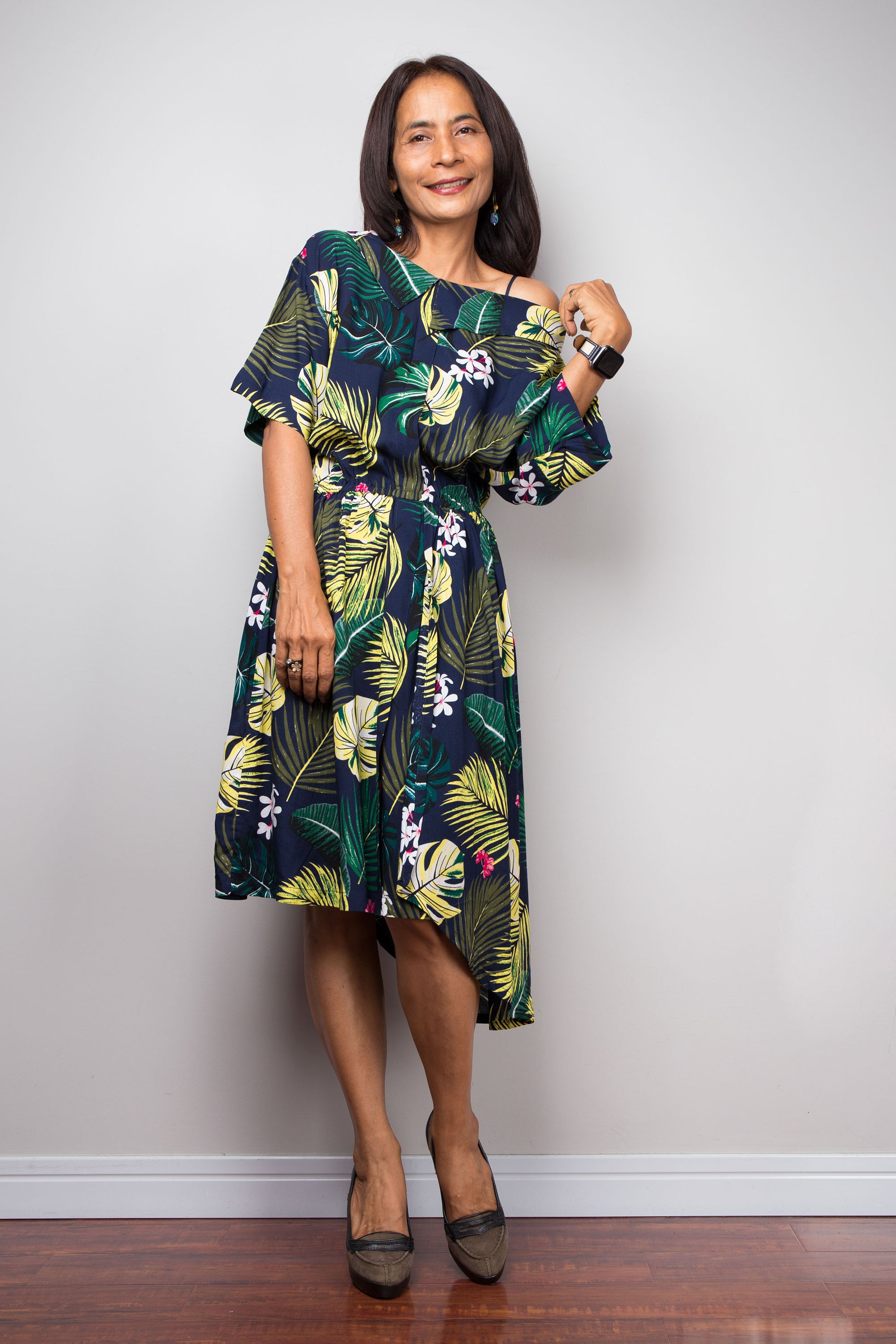 Tropical Palm Leaf Midi Dress - Cotton, Floral Summer Dress Nuichan Tropical Palm Leaf Midi Dress - Cotton, Floral Summer Dress Nuichan