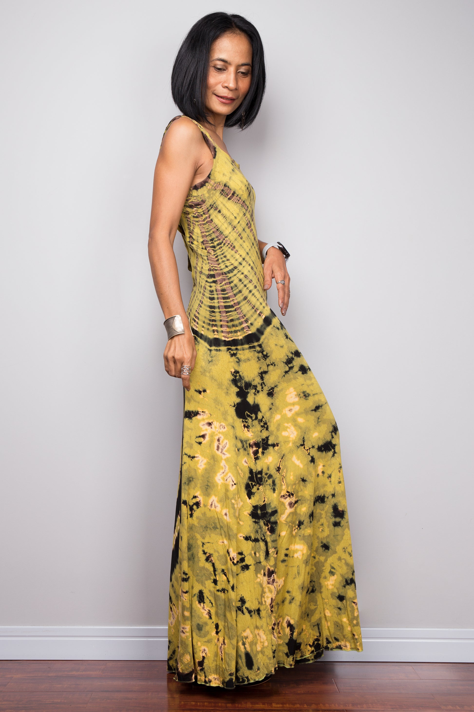 Sleeveless tie dye dress.  Body con style maxi dress