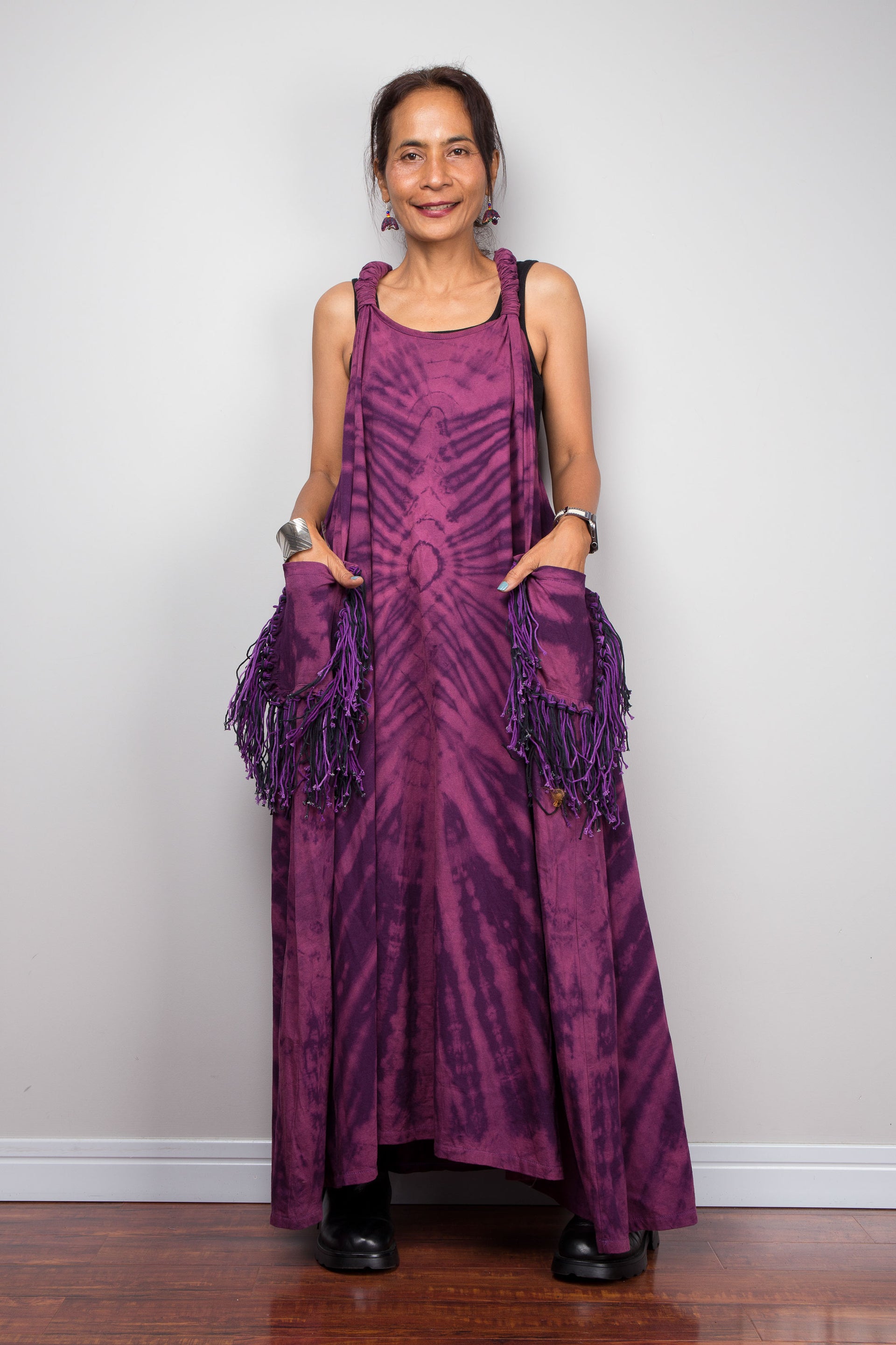 Sleeveless Purple Tie Dye Dress with Fringe Pockets