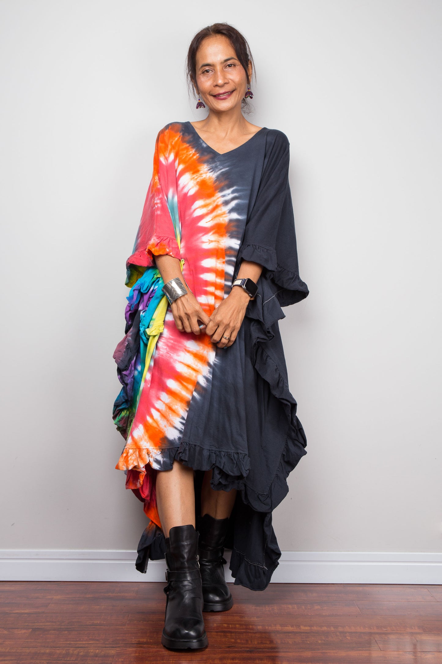 Half Rainbow Tie Dye High Low Ruffle Tunic Dress
