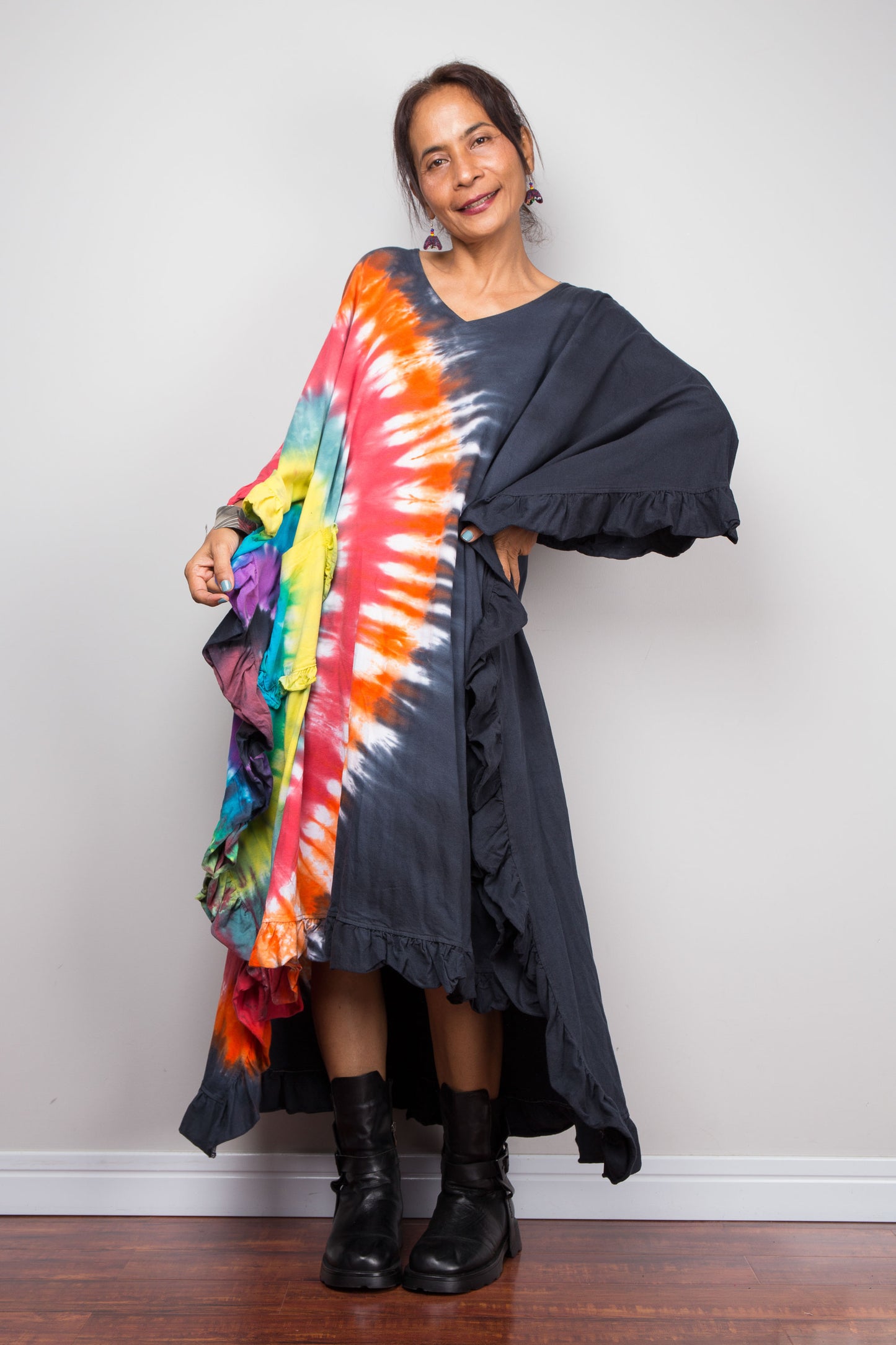 Half Rainbow Tie Dye High Low Ruffle Tunic Dress