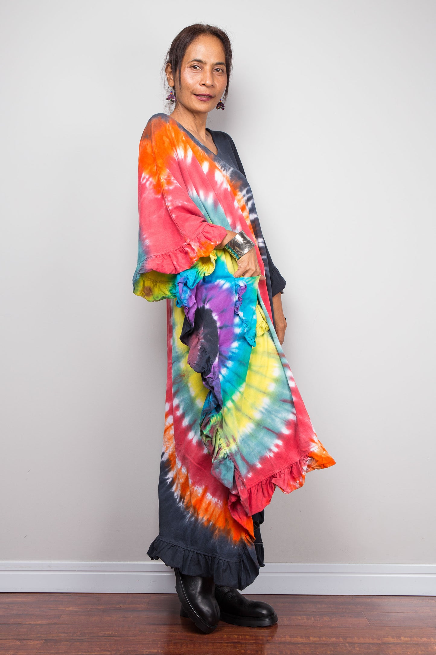 Half Rainbow Tie Dye High Low Ruffle Tunic Dress