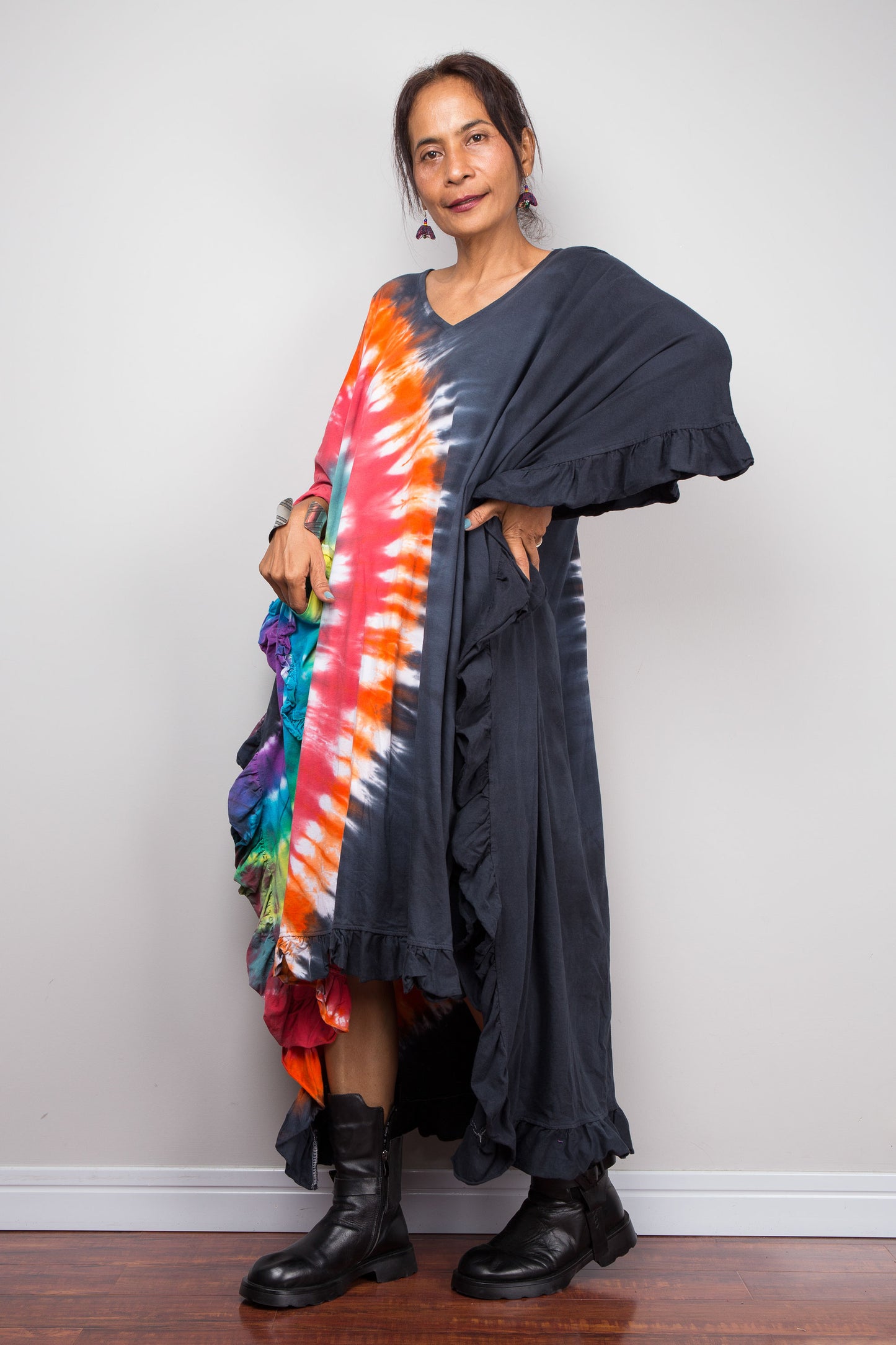 Half Rainbow Tie Dye High Low Ruffle Tunic Dress