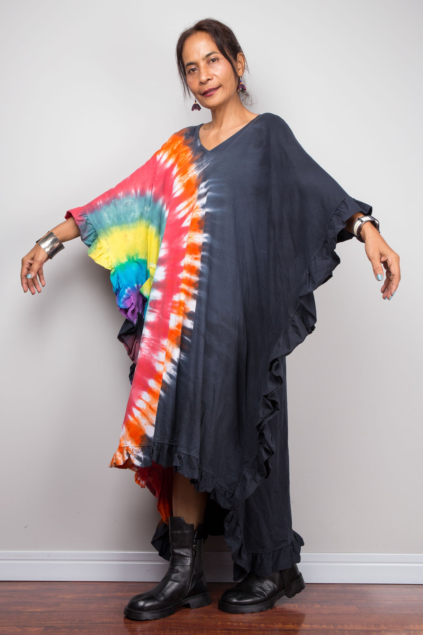 Half Rainbow Tie Dye High Low Ruffle Tunic Dress