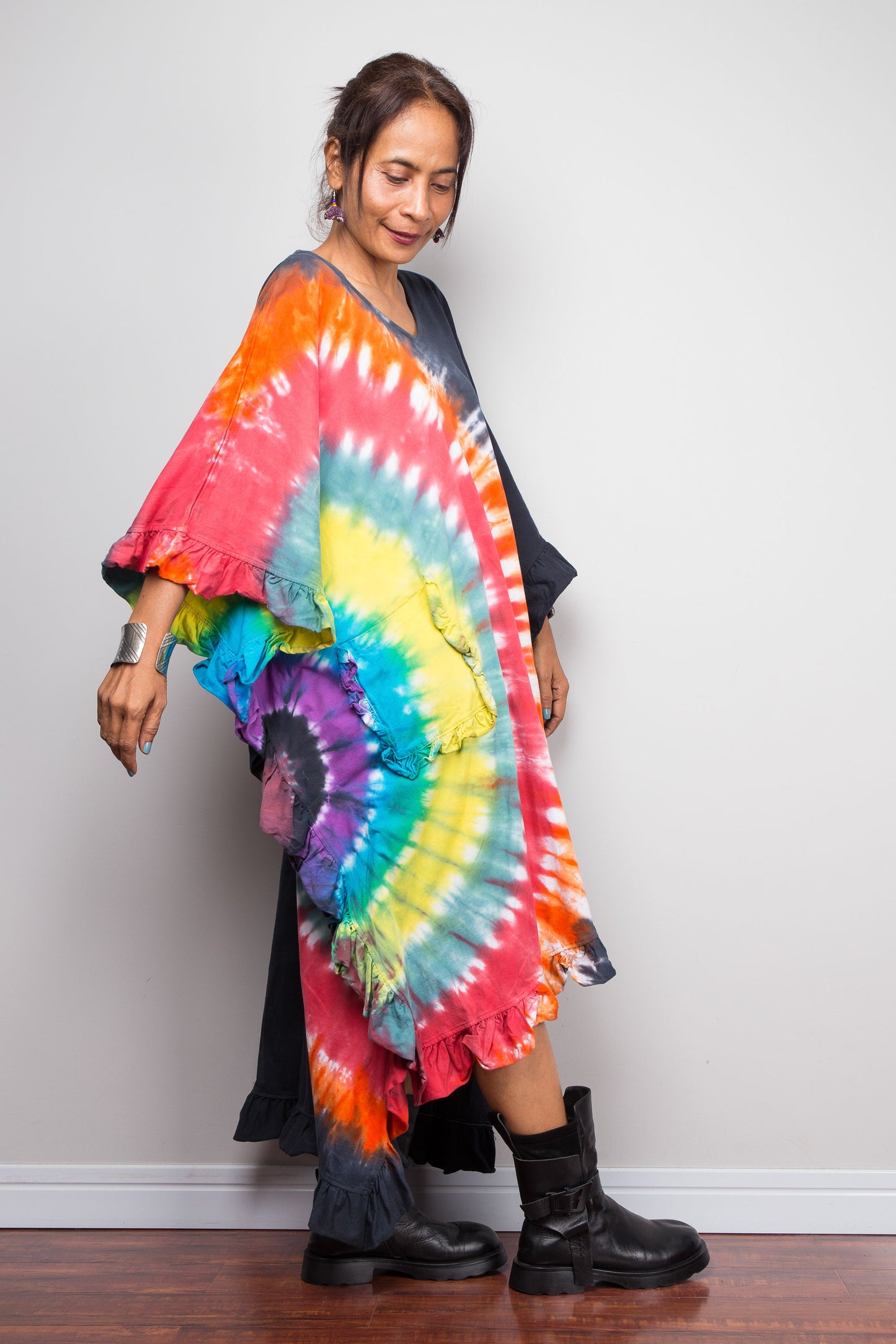Half Rainbow Tie Dye High Low Ruffle Tunic Dress