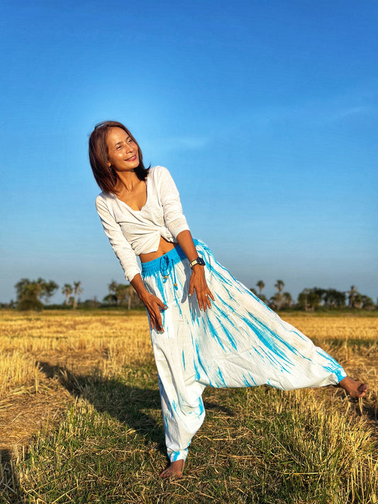 Turquoise & White Shibori Tie Dye Harem Pants