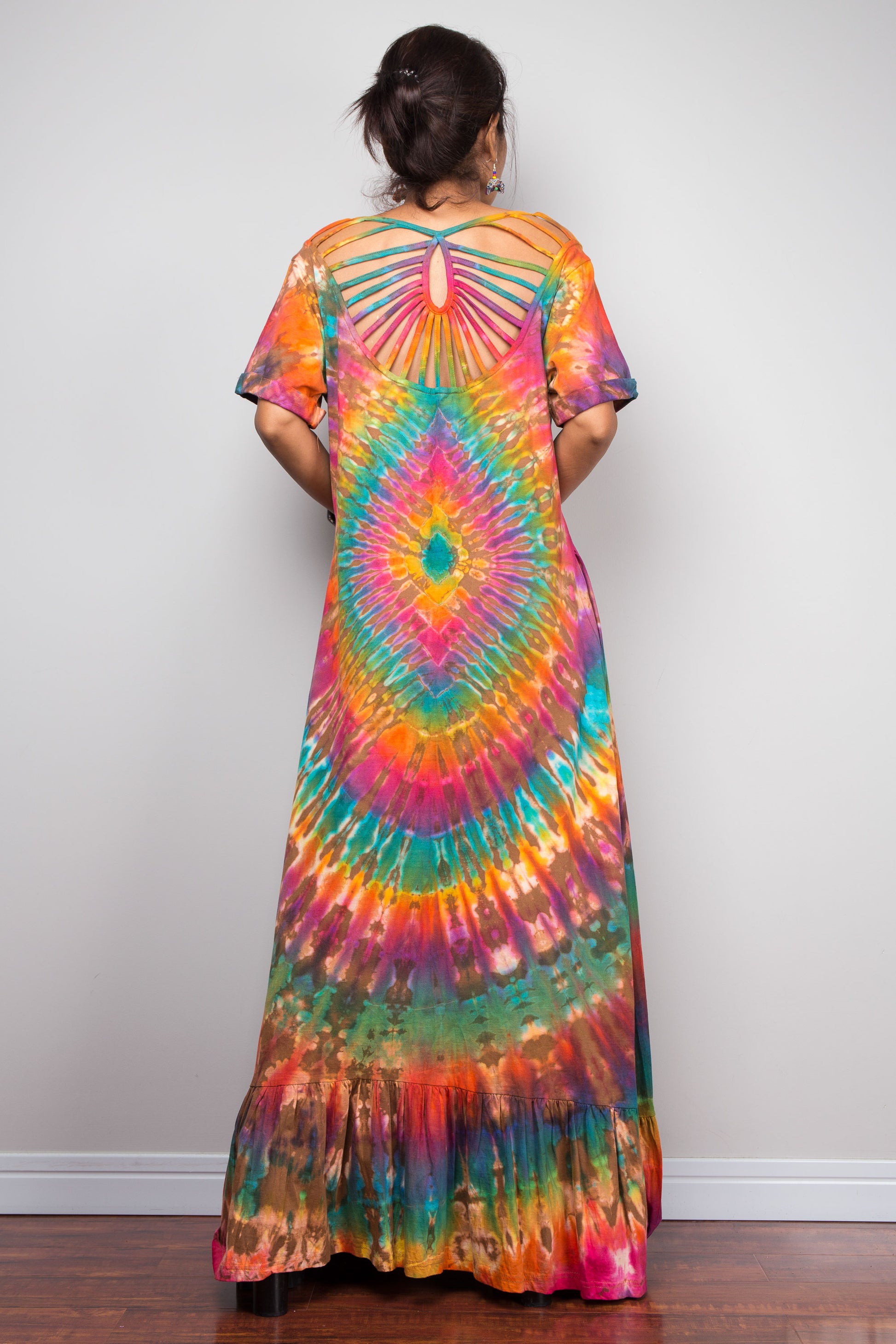 Rainbow Tie Dye Maxi Dress with Cut-Out Back