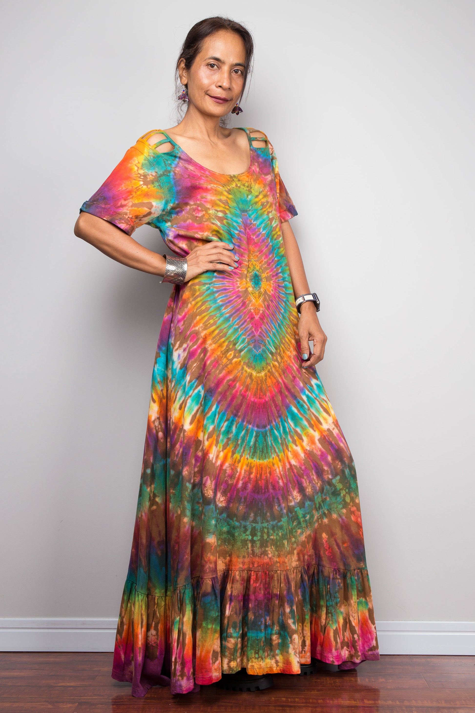 Rainbow Tie Dye Maxi Dress with Cut-Out Back